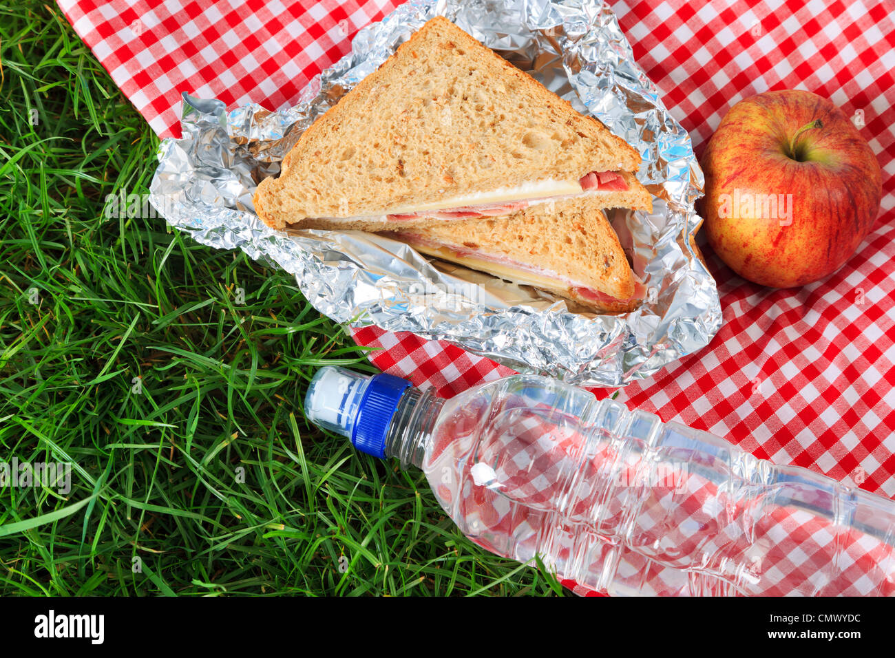 Foto von einem Picknick-Mittagessen, bestehend aus einem Sandwich, einen Apfel und eine Flasche Mineralwasser auf einem rot karierten Tuch. Stockfoto