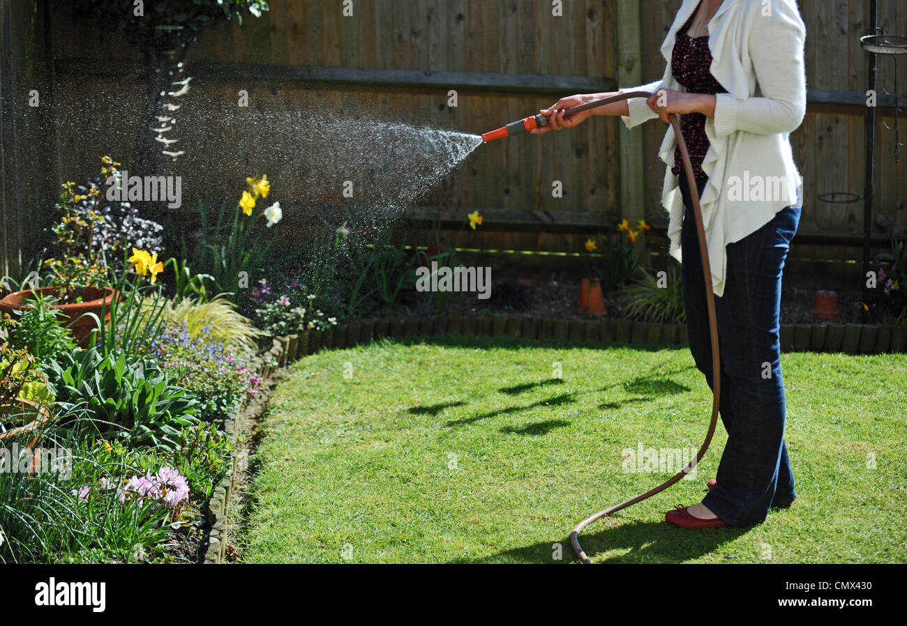 Frau mit einem Gartenschlauch. Es gibt Gartenschlauch Verbote geplant für einige Teile des Südens von England UK Stockfoto