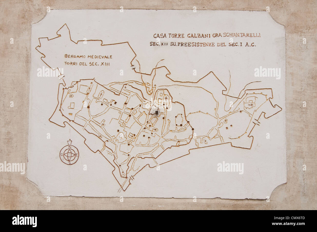 Eine Karte von Bergamo, Italien in das Rendern der Wand gezogen. Stockfoto