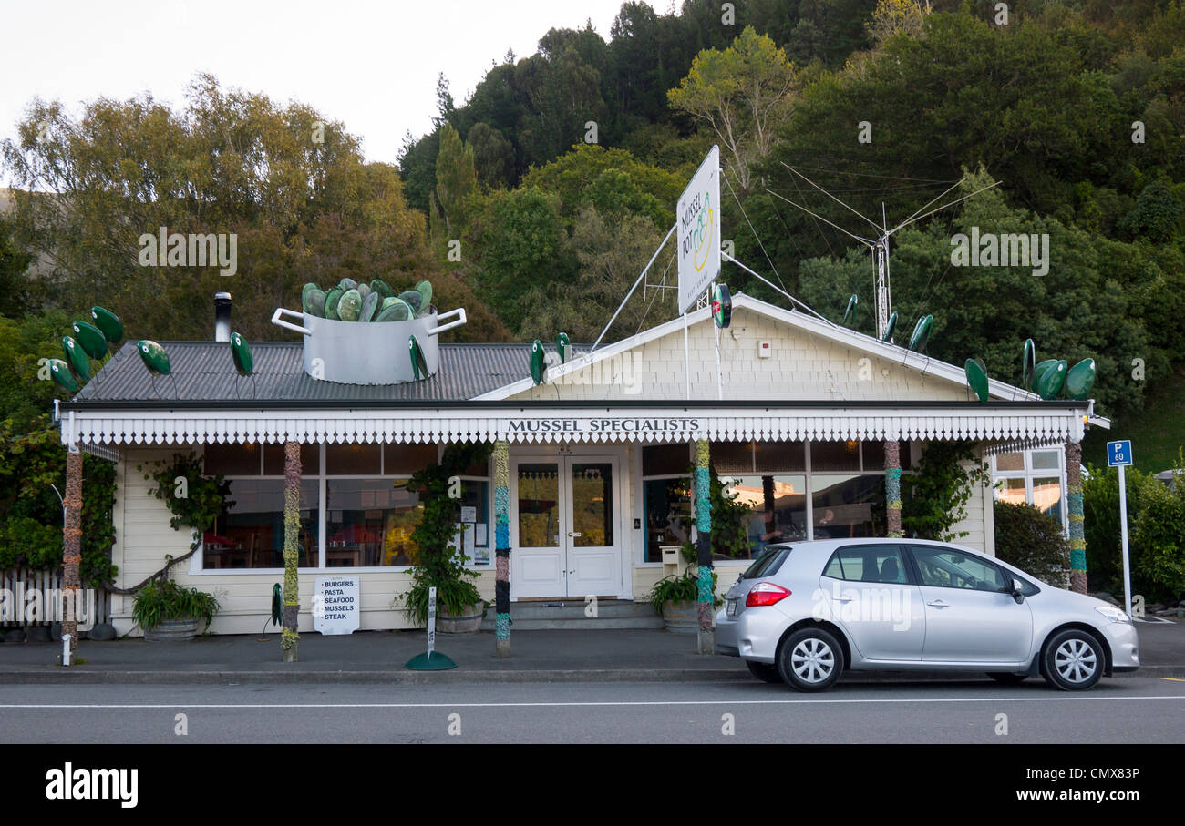 Außenseite des The Muscheltopf auf Havelock, ein Restaurant mit Neuseeland Grünlipp-Muscheln Stockfoto