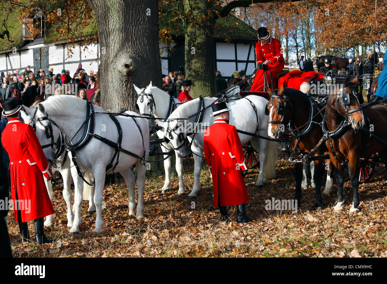Pferde, Kutschen und Kutscher für die königlichen Gäste auf der Hubertus-Jagd in Dyrehaven nördlich von Kopenhagen Stockfoto