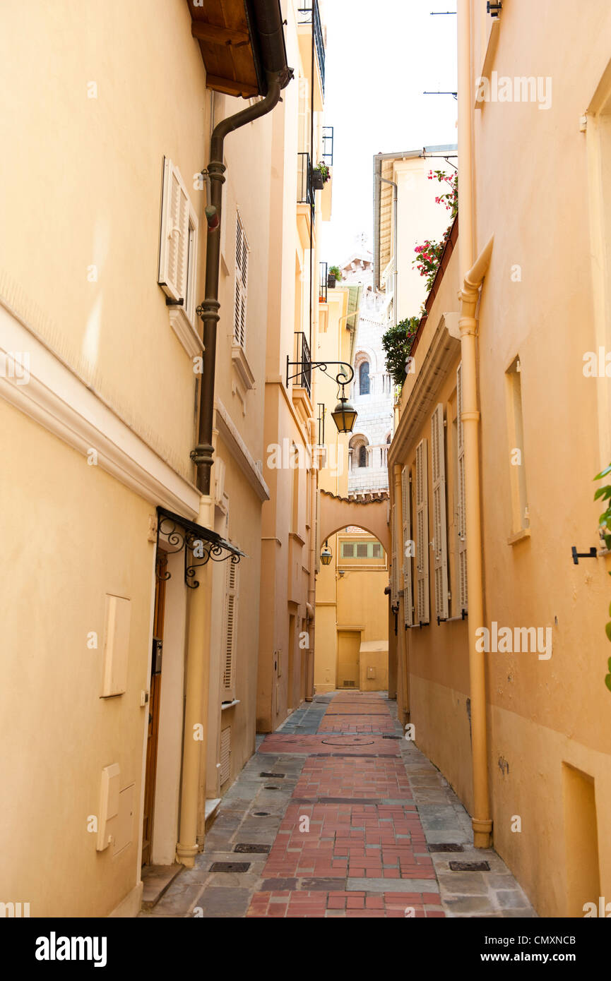 Eine helle Aufnahme eines privaten Gehwegs außerhalb der Mehrfamilienhäuser in Monaco. Stockfoto