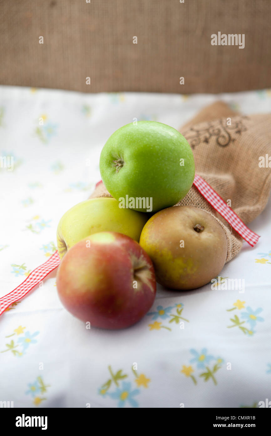 Äpfel mit einer hessischen Tasche in natürlichem Licht. Auswahl an Obst, einschließlich Cox, Braeburn, Granny Smith, Golden Delicious, Jazz. Stockfoto