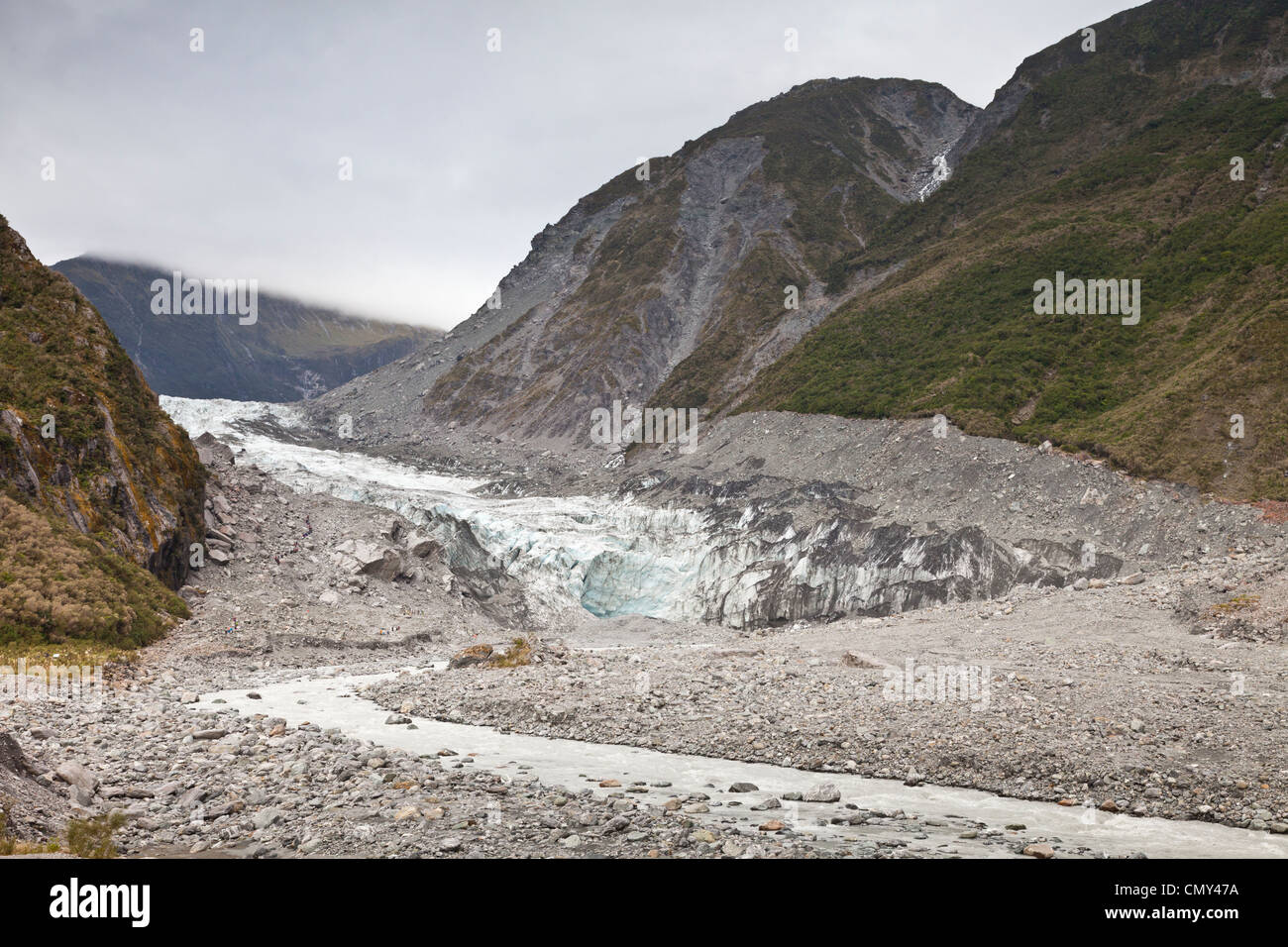 Terminal Gesicht und Moräne des Fox Glacier, West Coast, New Zealand. Stockfoto