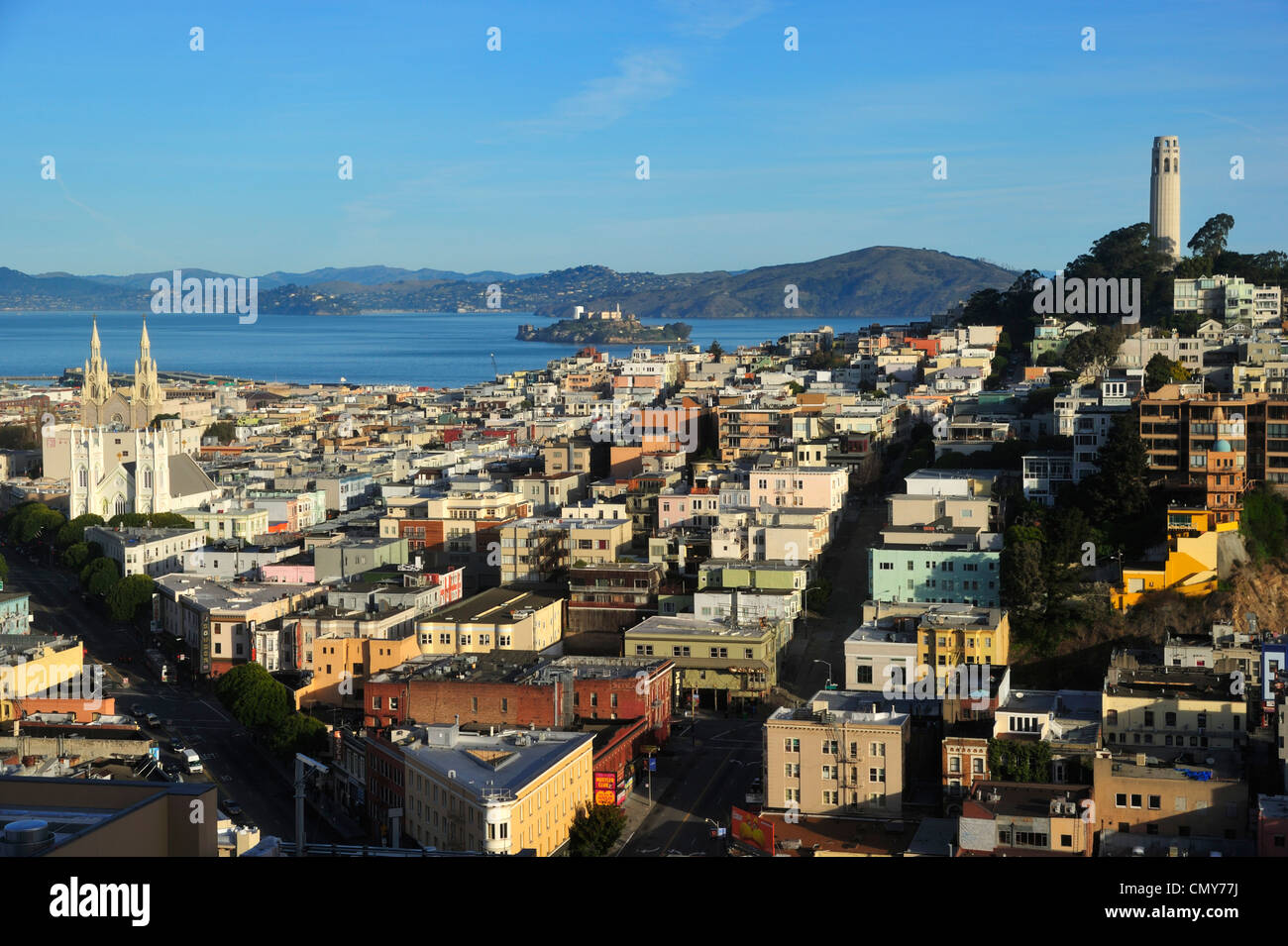Ein klarer Morgen über Fisherman's Wharf, North Beach, Alcatraz Island und Telegraph Hill, San Francisco CA Stockfoto