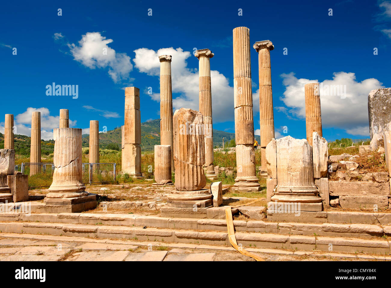 Spalten um das Heiligtum des Artimis mit der Agora, Magnesia am Mäander Ausgrabungsstätte, Türkei Stockfoto