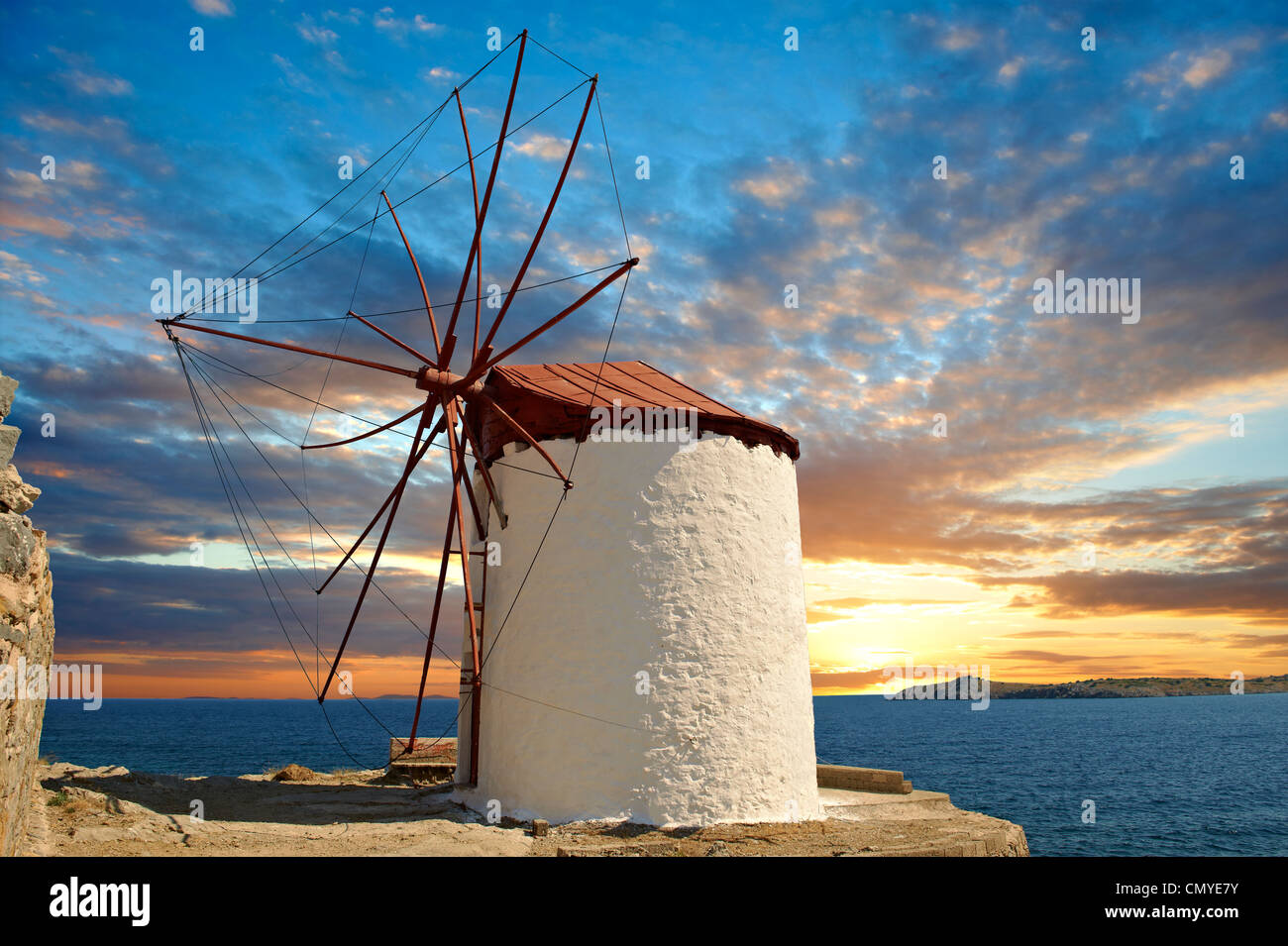 Widmills in Chios Chora. Insel Chios Chios, Griechenland. Stockfoto