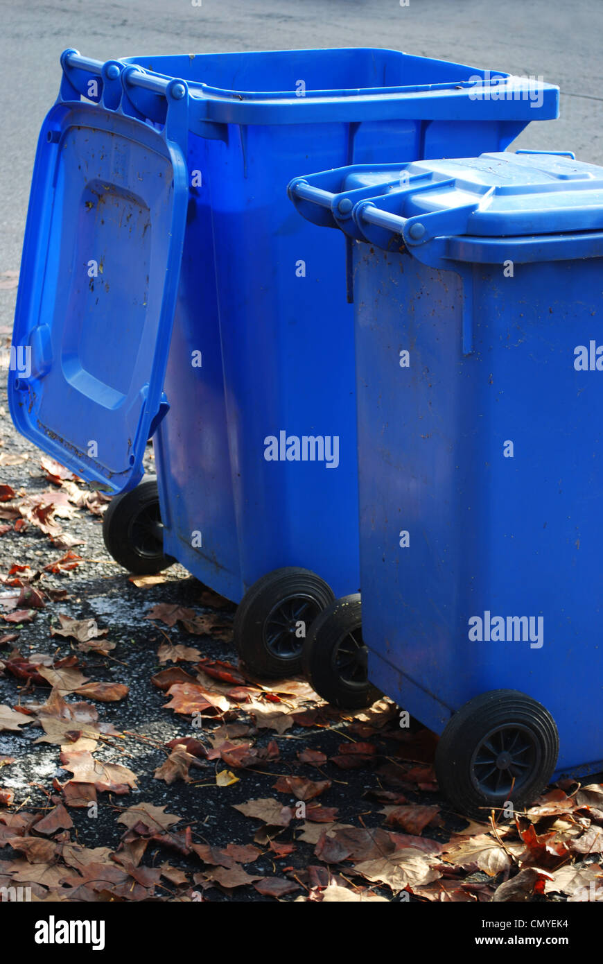 Blaue Mülltonnen am Straßenrand Stockfoto