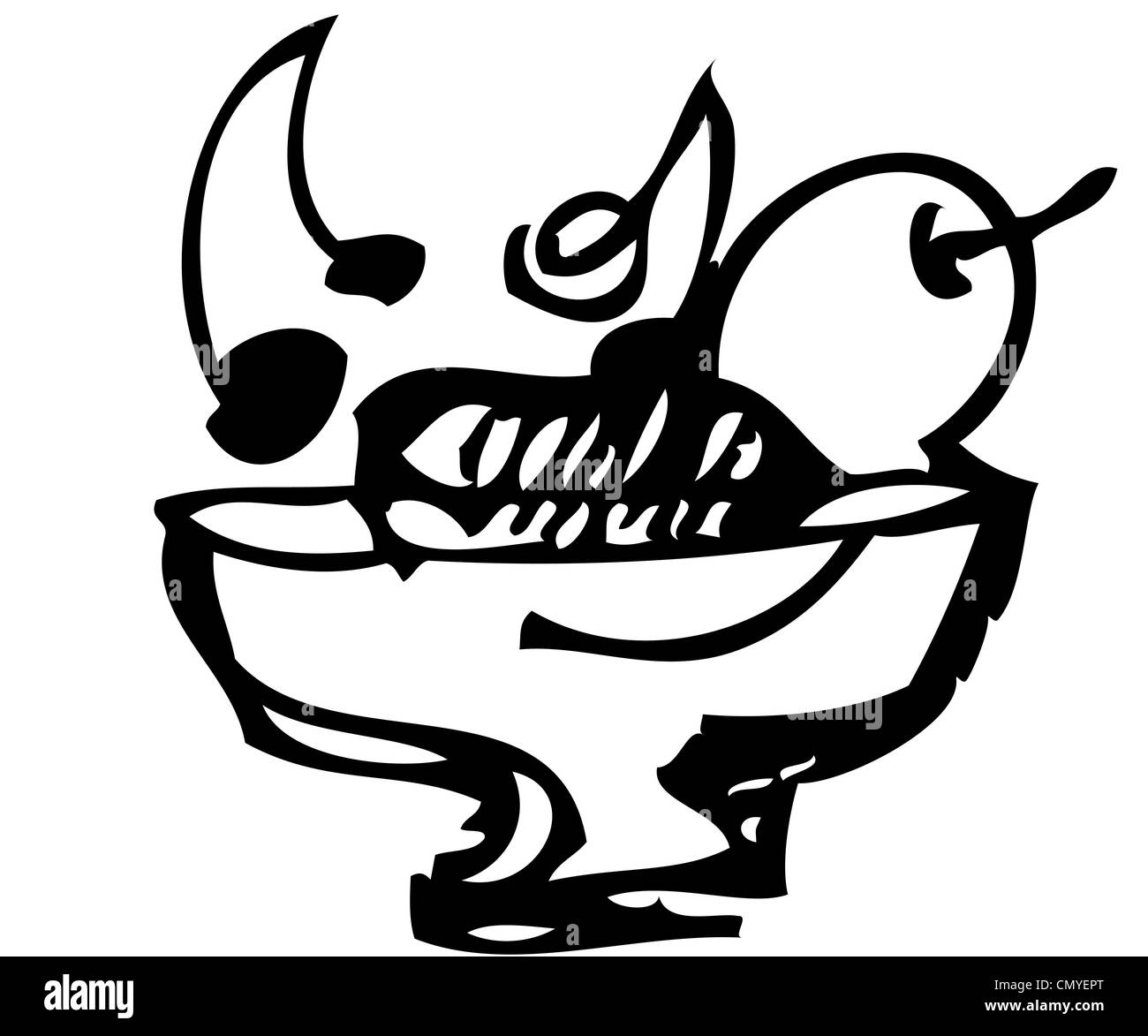 eine Vase ist schwarz mit verschiedenen Früchten Stockfoto