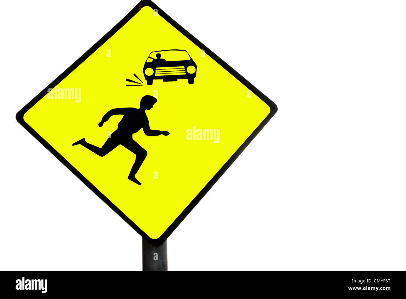ein Warnsignal über Autos und Fußgänger vor einem weißen Hintergrund Stockfoto