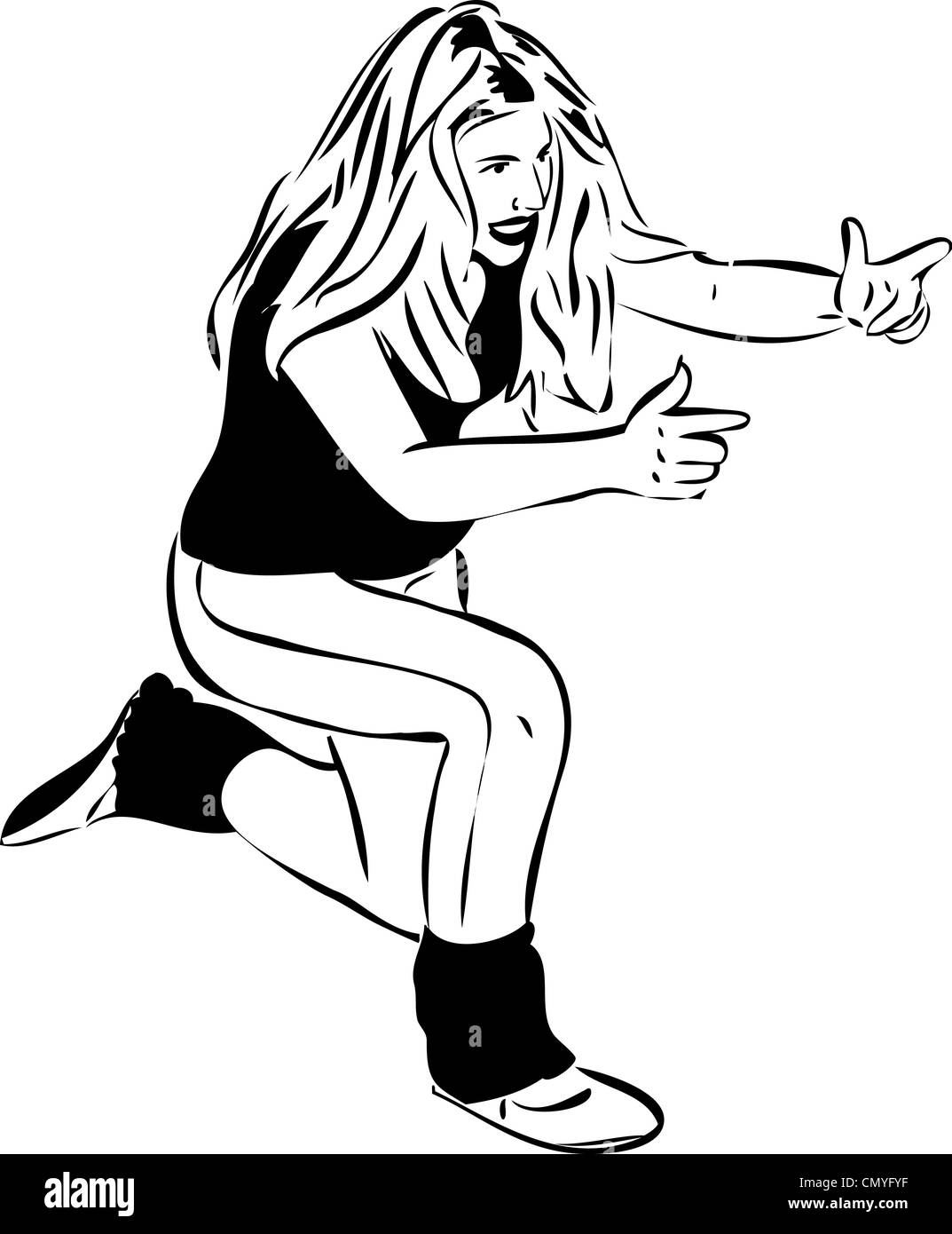 eine Skizze von einem Mädchen auf die Knie, die Finger zeigen Stockfoto