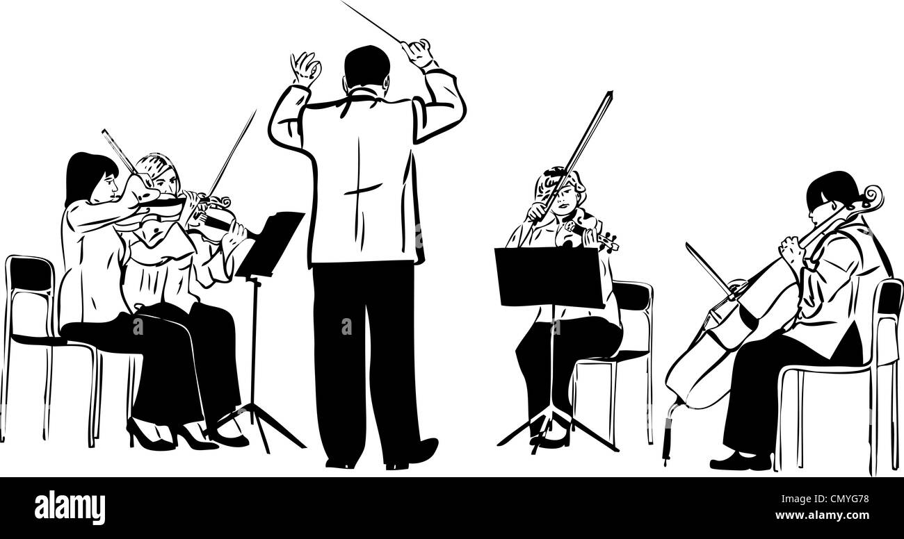 Skizze für Streichquartett mit dem Dirigenten Stockfoto