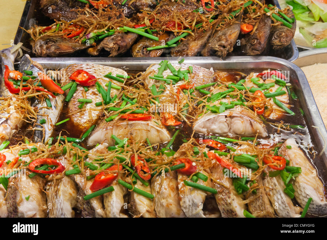 Singapur, Lau Pa Sat Festival Markt, Hawker Stall Food Display Stockfoto