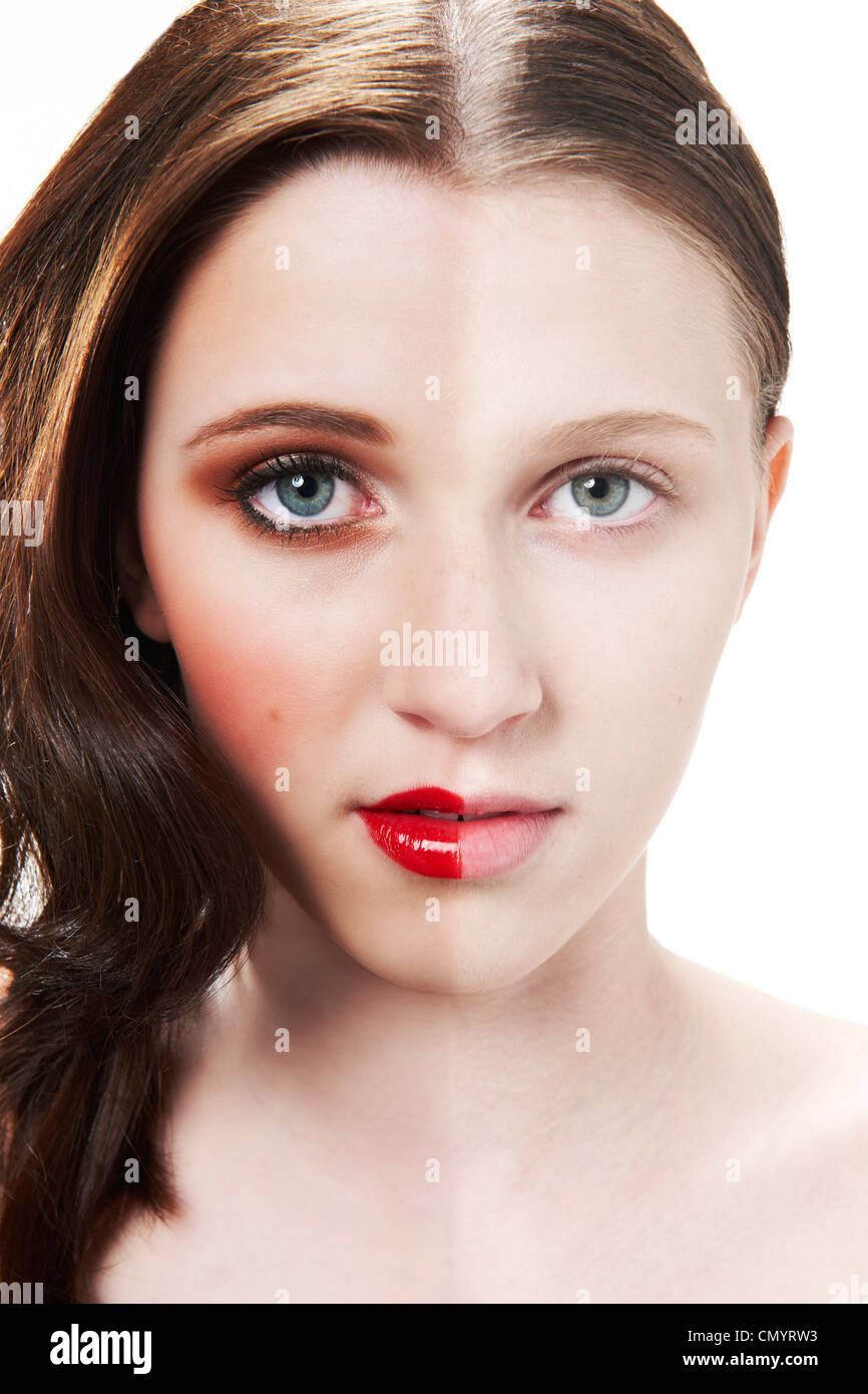 Reinigen Sie vor und nach dem Foto von Womans Gesicht mit halbieren aus und halbieren Stockfoto