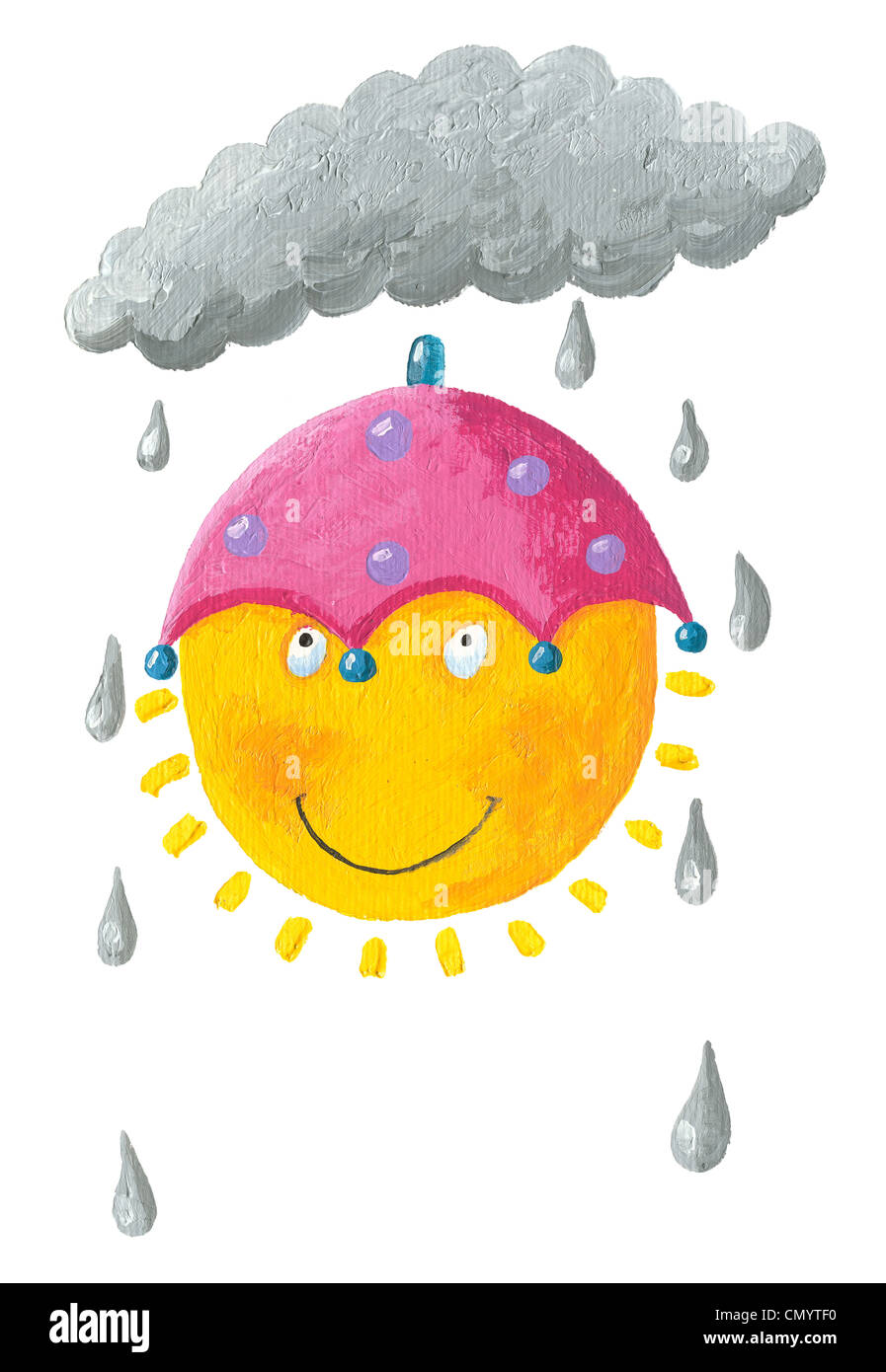Acryl Bild einer lustige Sonne mit einem Regenschirm auf den Kopf  Stockfotografie - Alamy