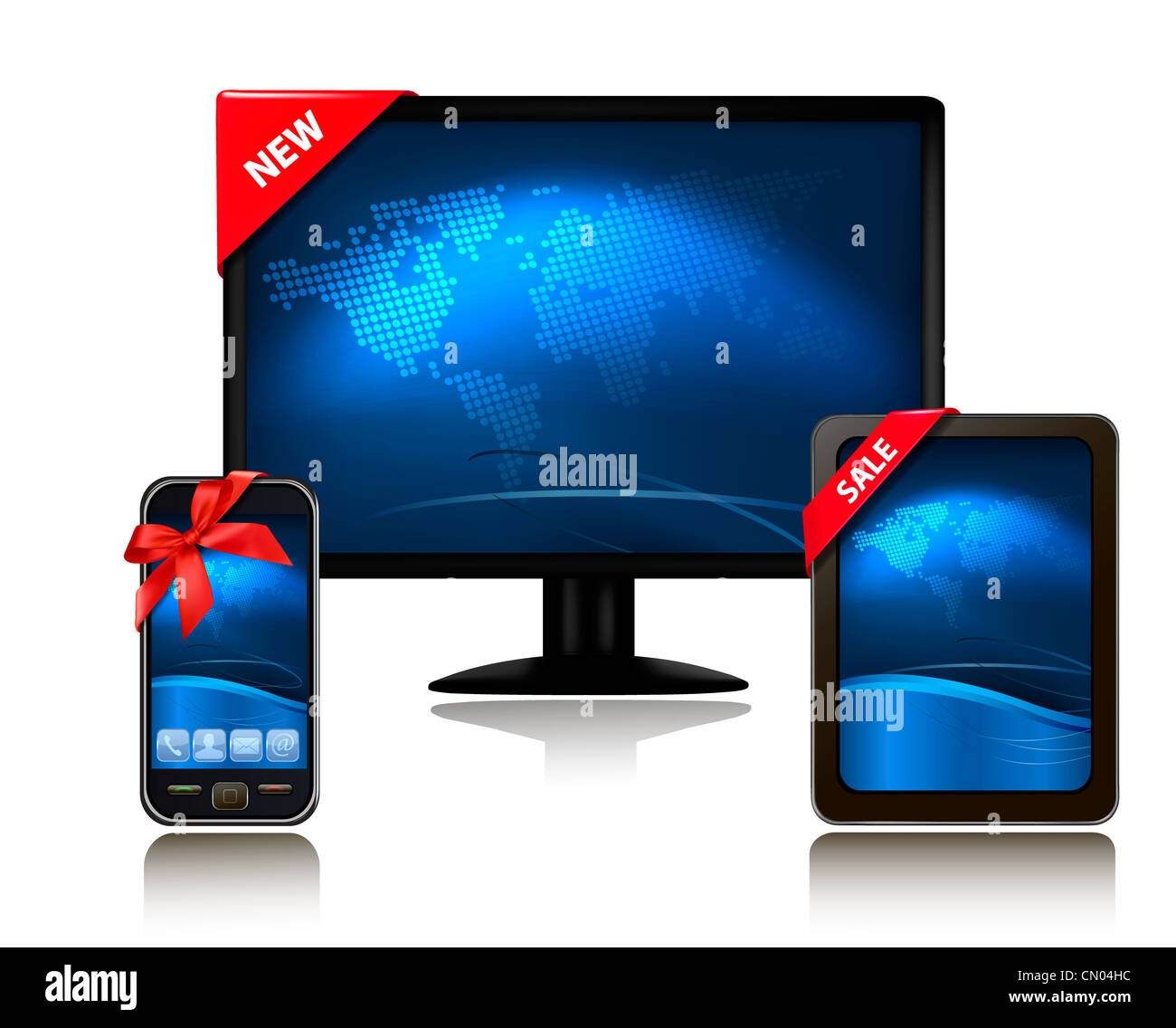 Monitor, Tablet und Handy mit Bändern. Vektor. Stockfoto