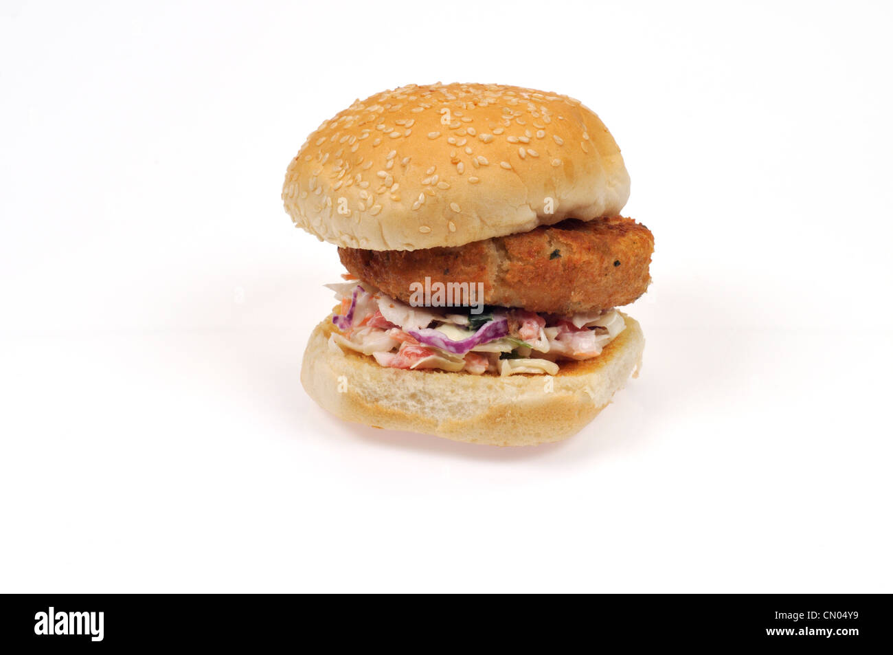 Kabeljau Fisch Kuchen Sandwich in einem Sesam ausgesät Roll auf Cole slaw Stockfoto