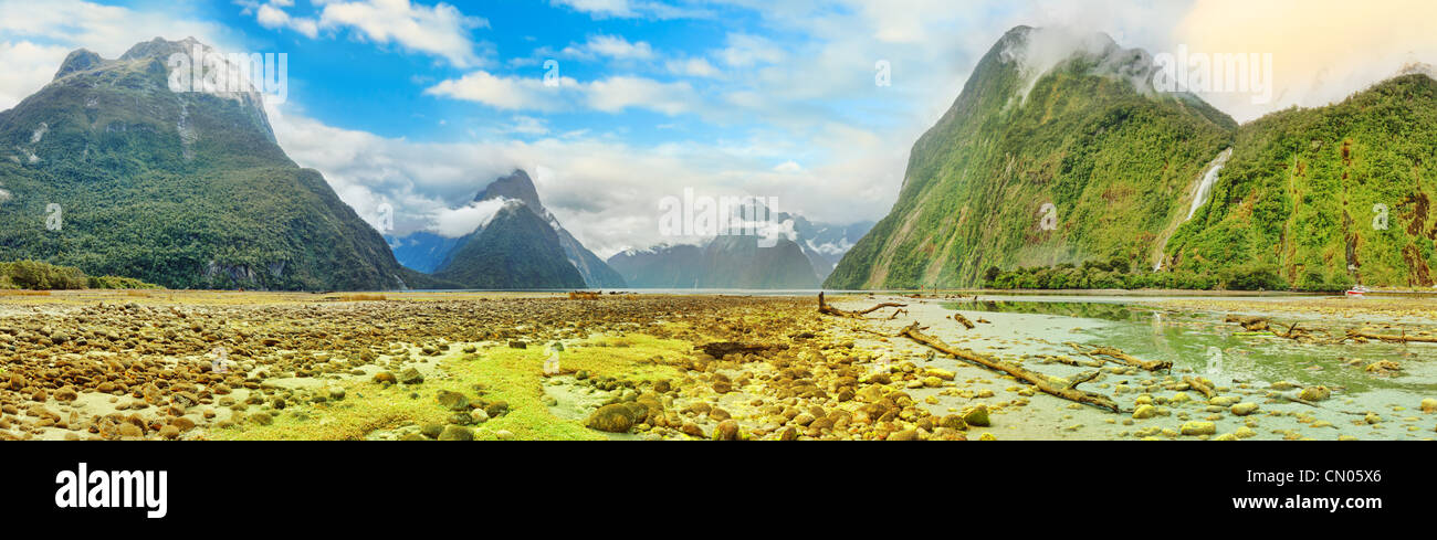 Milford sound Panorama. New Zealand fiordland Stockfoto
