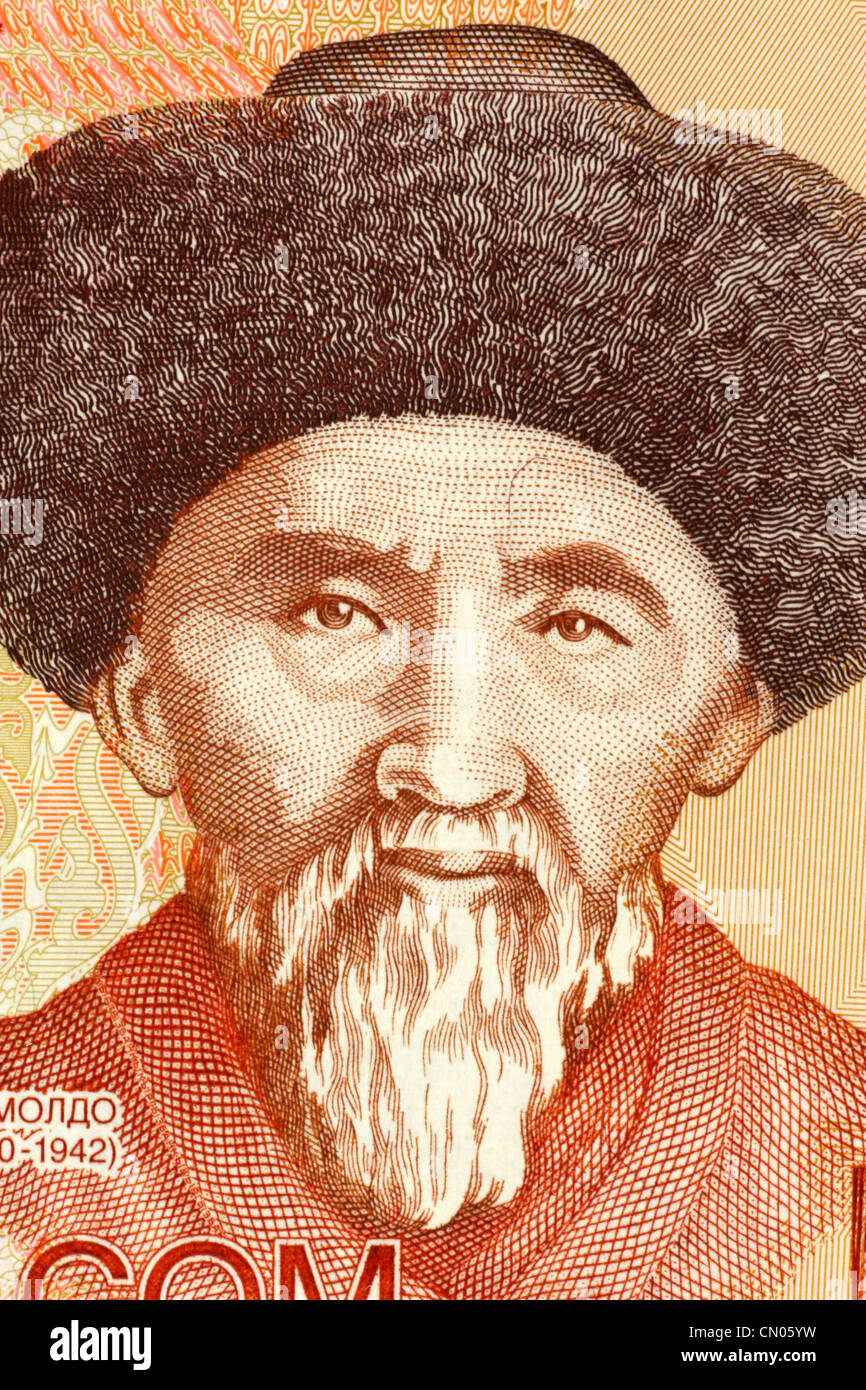 Togolok Verein‑ (1860-1942) auf 20 Som 2002 Banknote aus Kirgistan. Kirgisische Dichter, Manaschi und Volkslied Schriftsteller. Stockfoto