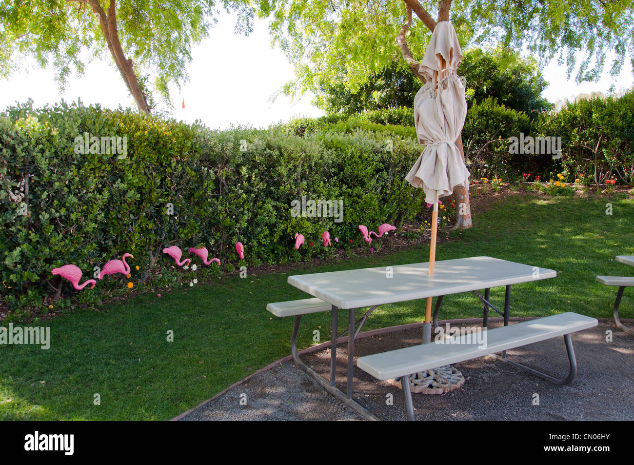 Garten mit Tisch und Sonnenschirm Stockfoto