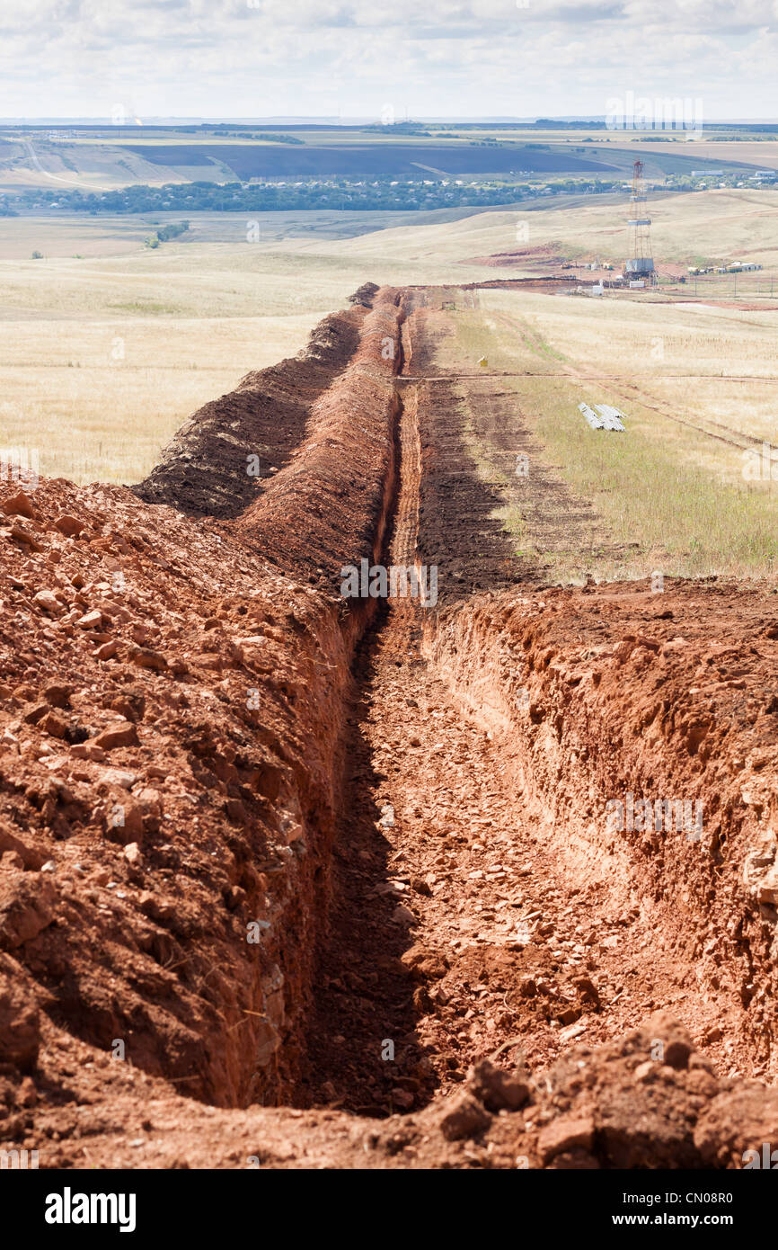 Der Graben für die Verlegung von Ölleitungen im Ölfeld in Russland Stockfoto