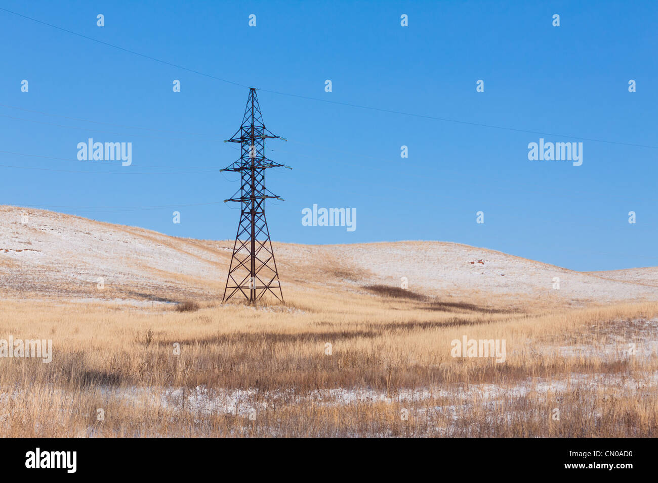 Reliance Stromleitungen in der Winter-steppe Stockfoto