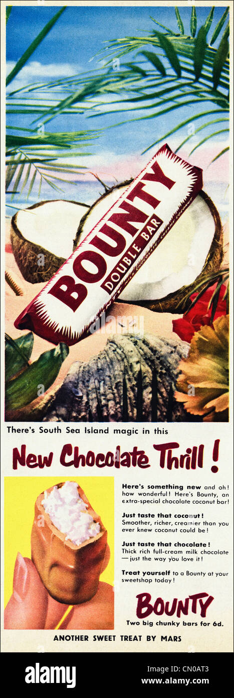 BOUNTY Schokolade bedeckt Coconut Bar von MARS Anzeige Original Werbung von der 1950er Jahre Periode Zeitschriftenwerbung Stockfoto
