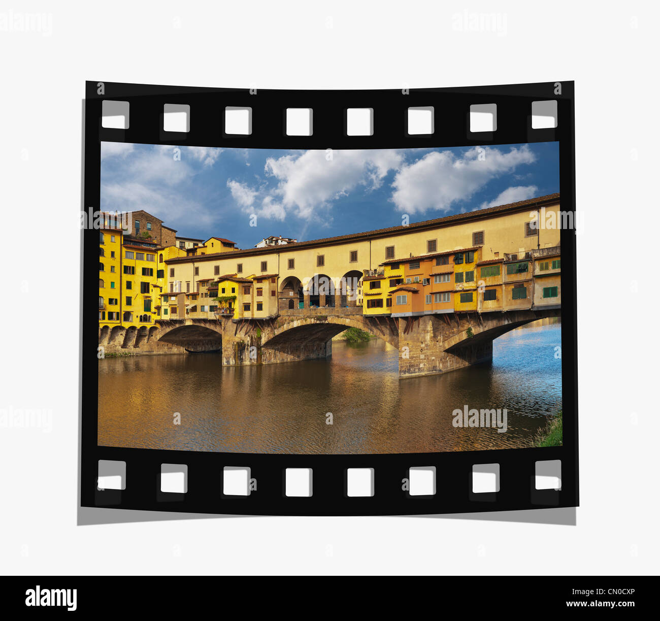 Filmstreifen: Blick auf den Arno, die Brücke Ponte Vecchio, Florenz, Toskana, Italien, Europa Stockfoto