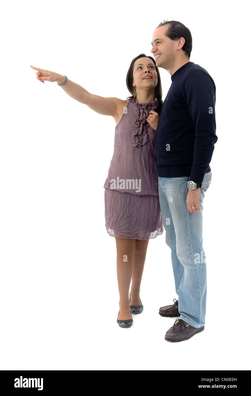 Paar mit Frau zeigte vollen Länge isoliert auf weißem Hintergrund Stockfoto