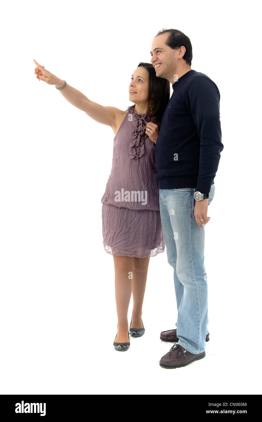 Paar mit Frau zeigte vollen Länge isoliert auf weißem Hintergrund Stockfoto