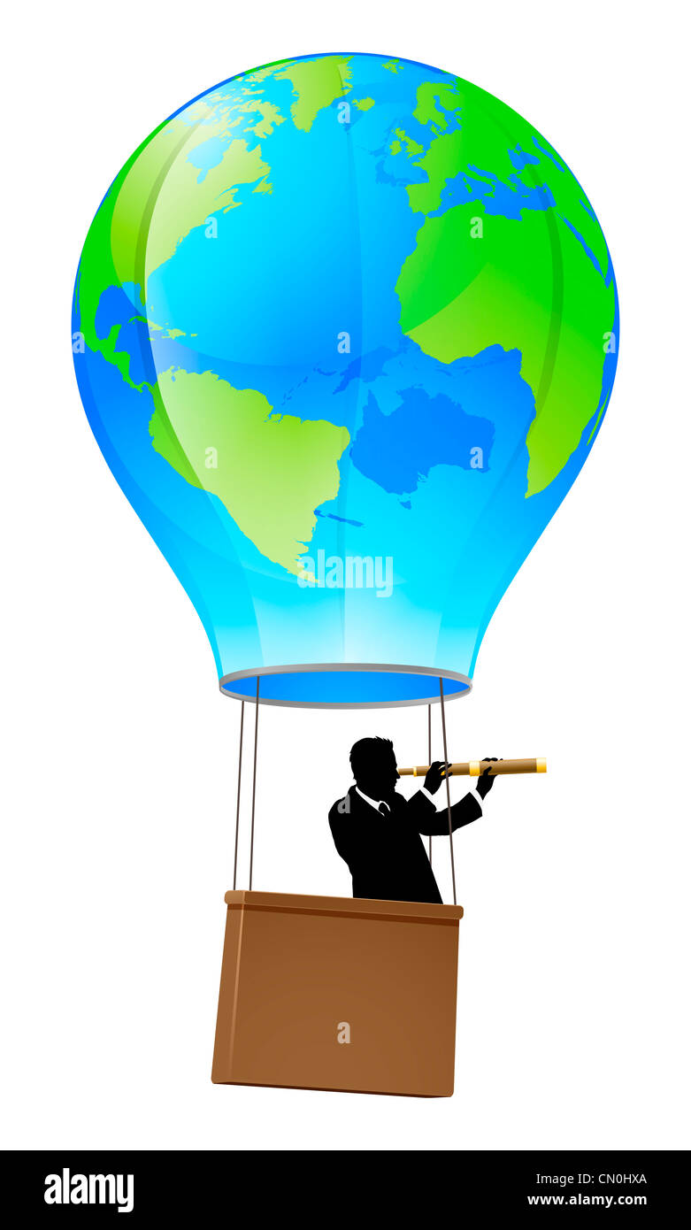 Geschäftsmann mit einem Teleskop, ich freue mich für die Gelegenheit in einem Heißluftballon mit einem Globussymbol auf sie. Konzept-Abbildung Stockfoto