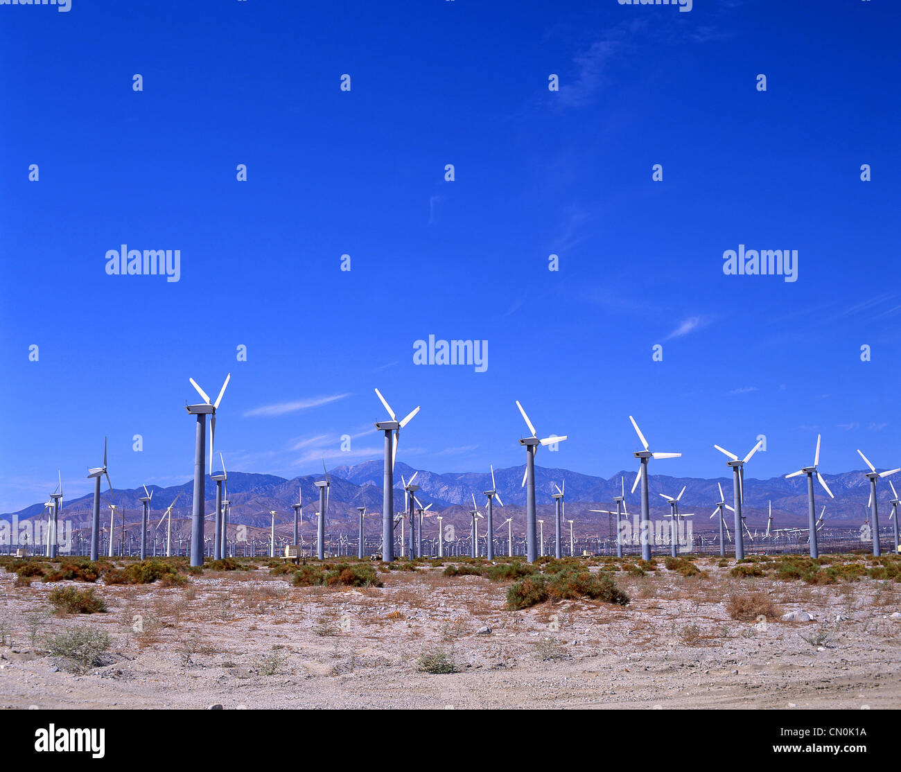 Windkraftanlagen in der Nähe von Palm Springs, Kalifornien, Vereinigte Staaten von Amerika Stockfoto