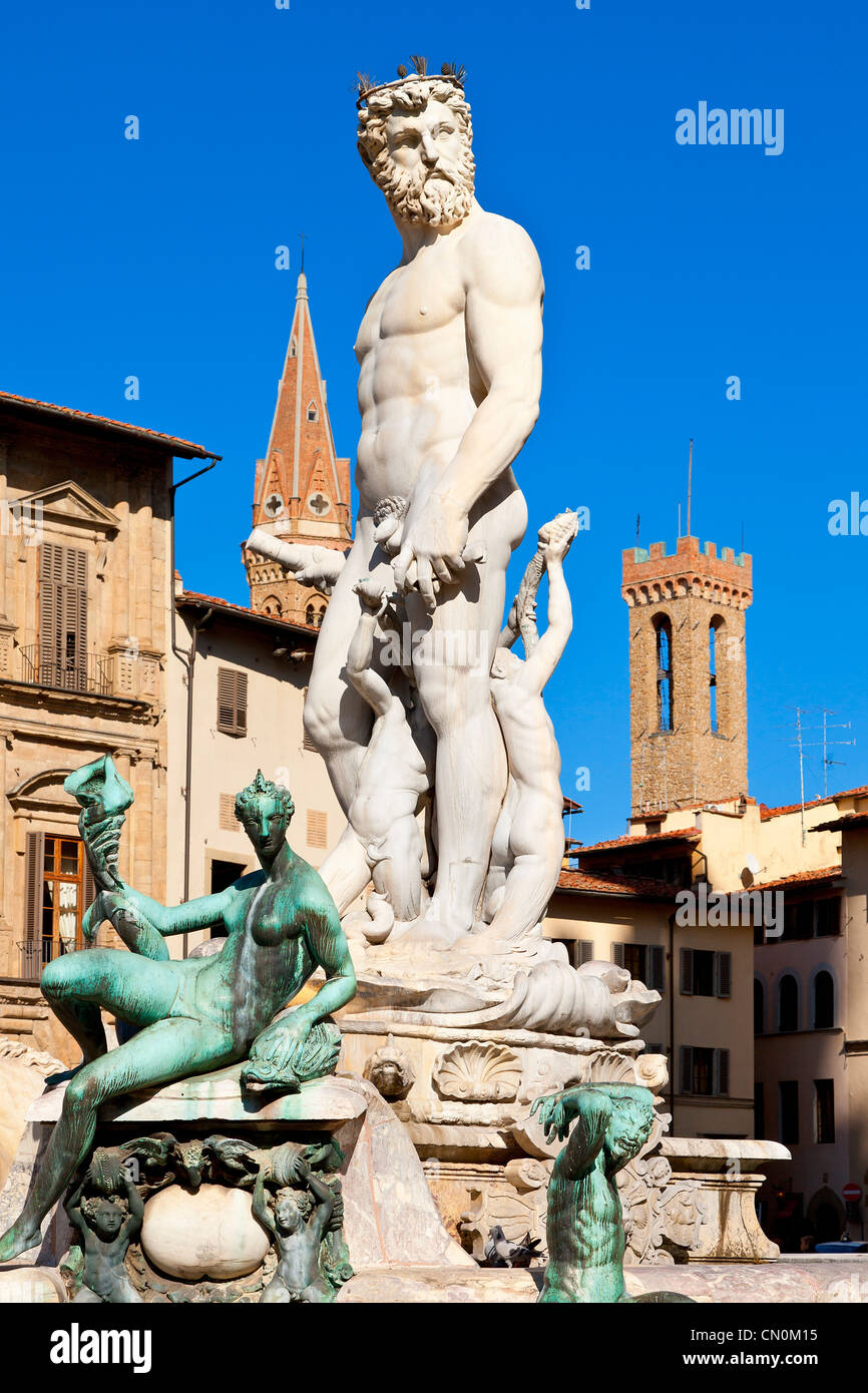 Europa, Italien, Florenz, Neptun-Brunnen auf der Piazza della Signoria, UNESCO-Weltkulturerbe, Stockfoto