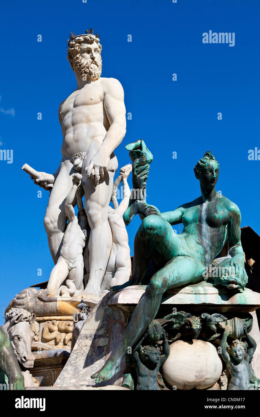 Europa, Italien, Florenz, Neptun-Brunnen auf der Piazza della Signoria, UNESCO-Weltkulturerbe, Stockfoto