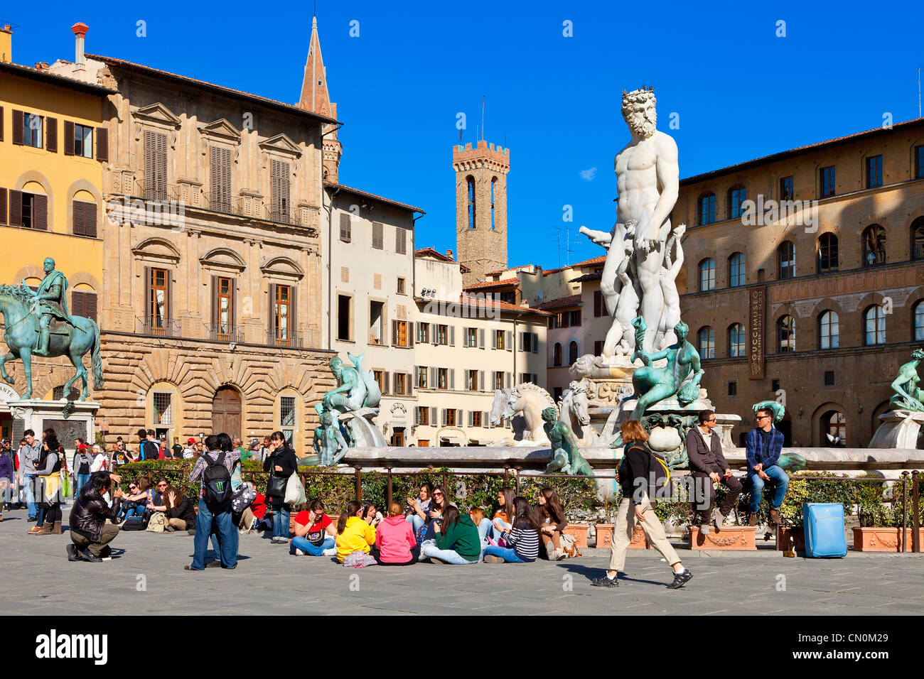 Europa, Italien, Florenz, Neptun-Brunnen auf der Piazza della Signoria, UNESCO-Weltkulturerbe, Stockfoto