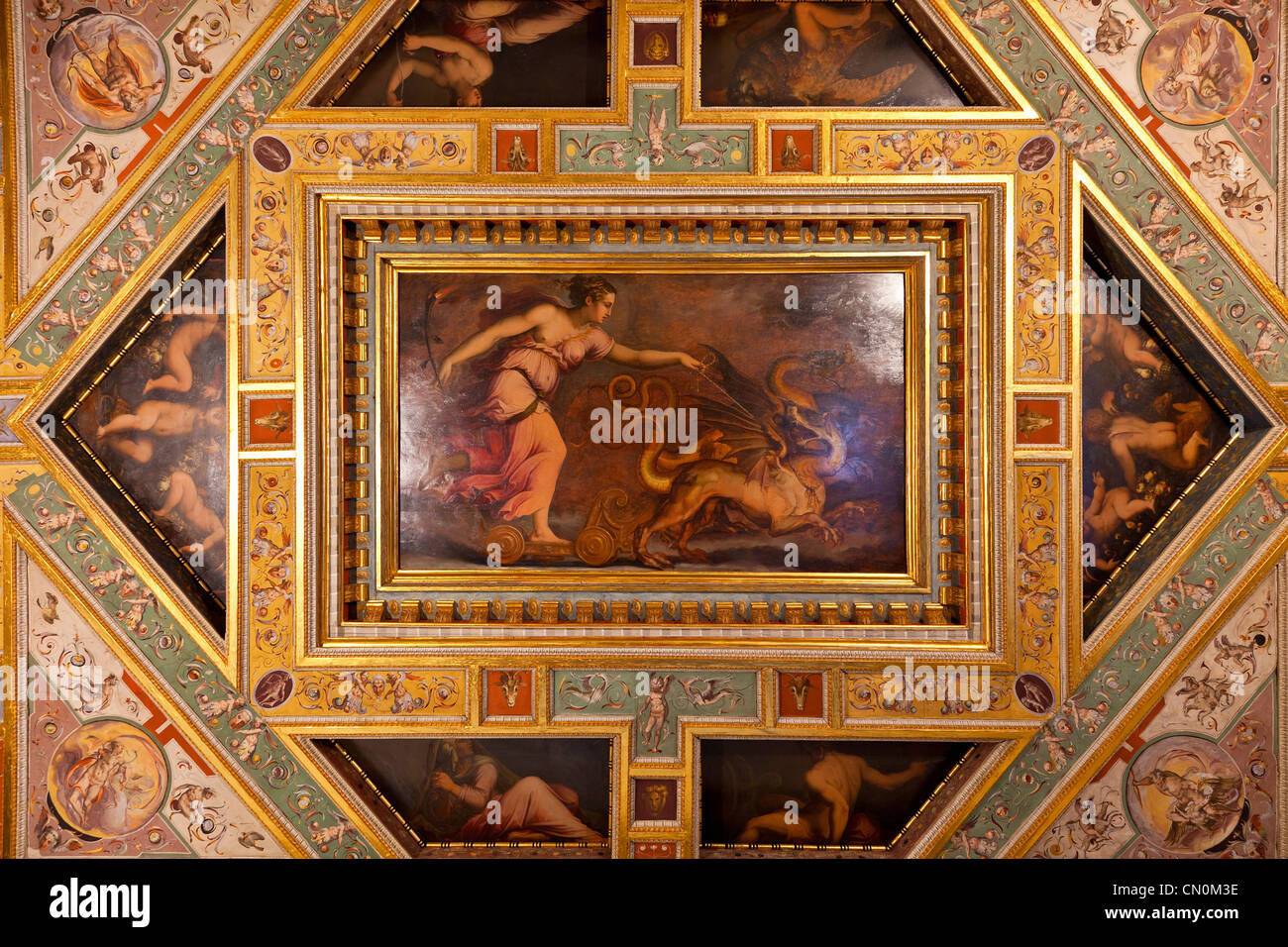 Florenz, Deckenplatte im Palazzo Vecchio, UNESCO-Weltkulturerbe, Stockfoto