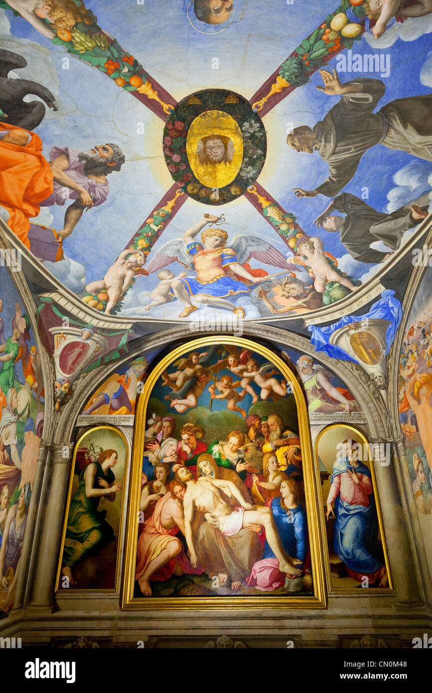 Florenz, Blick auf Fresken in der Kapelle von Eleonora auf den Palazzo Vecchio Stockfoto