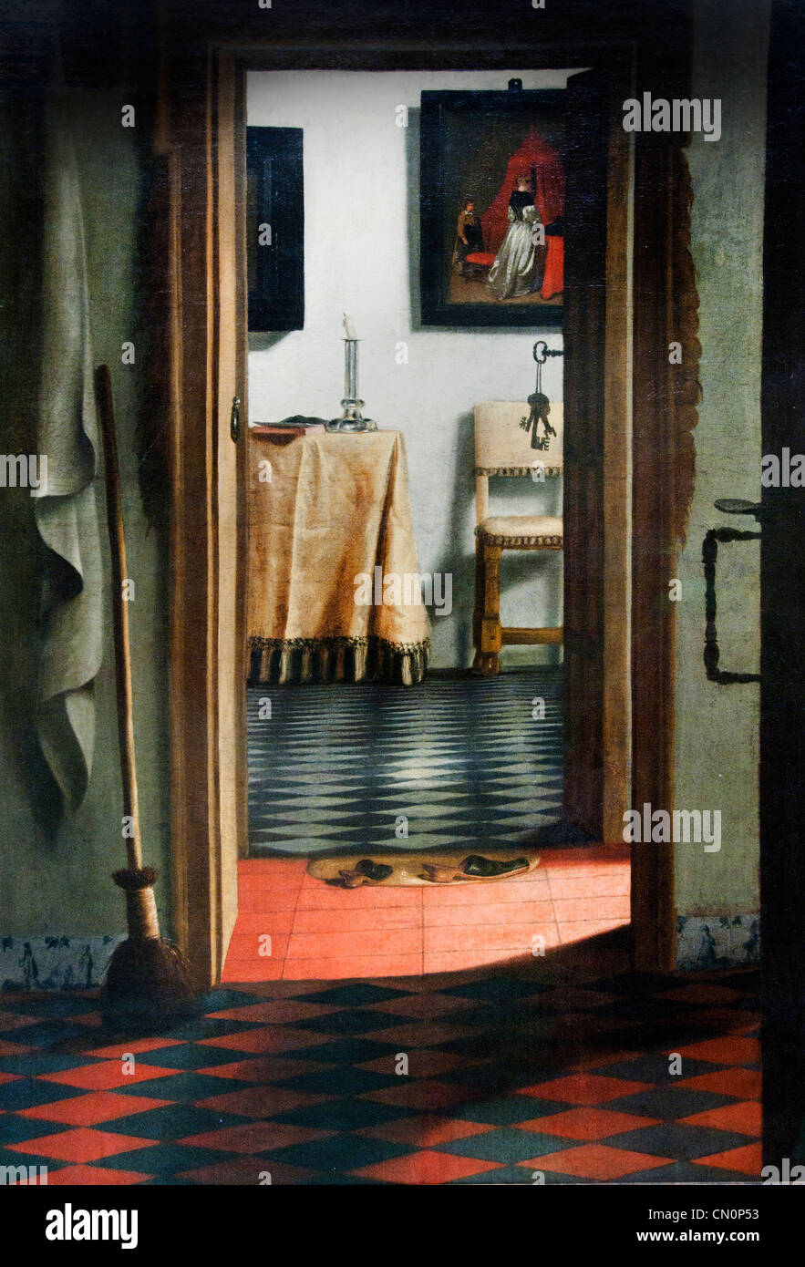 Vue d Interieur Ou Les Pantoufles - Ansicht oder im Inneren Hausschuhe von Samuel van Hoogstraten 1626-1678 Niederlande Niederlande Stockfoto