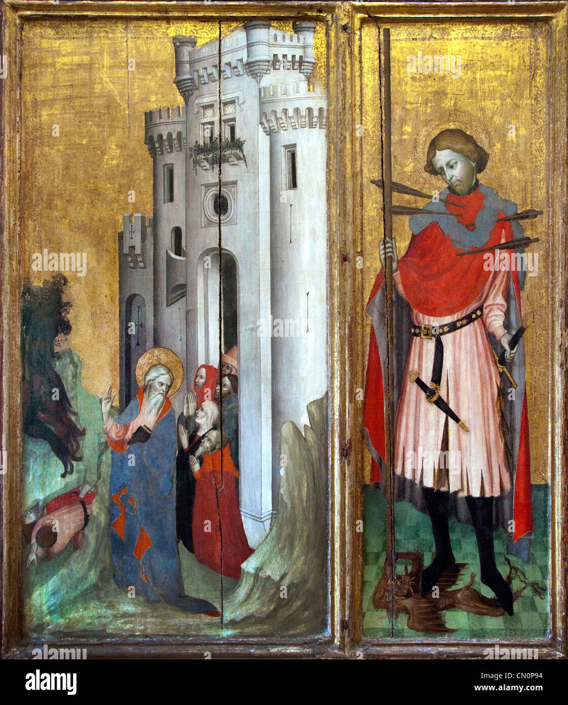 ALTARBILD DE THOUZON France 1410 eine Szene von Saint Andrew Leben und Sankt Sebastian einen Drachen tötet. Stockfoto