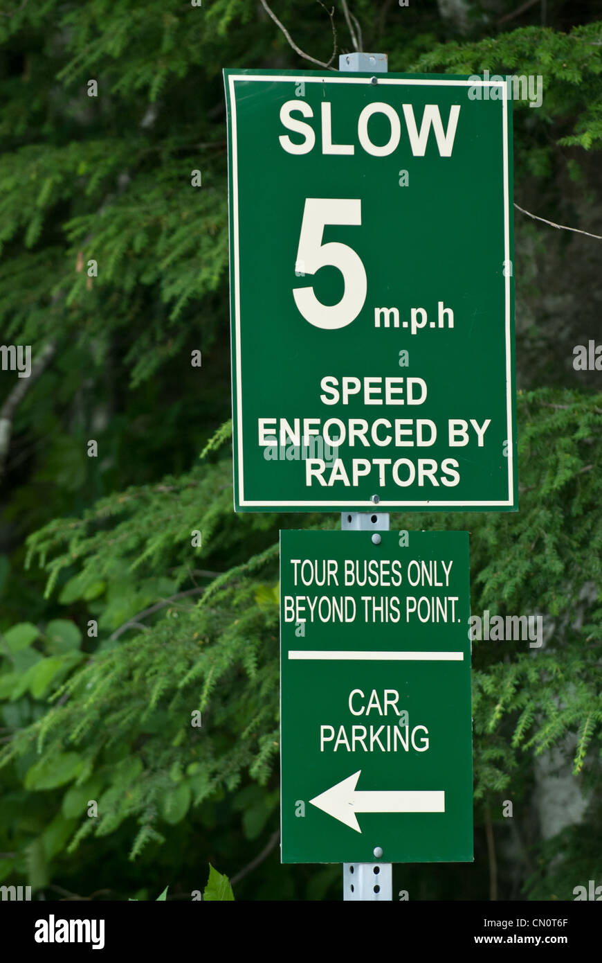 Langsam bis 5 mph Zeichen in einem Raptor-Zentrum in Sitka, Alaska. Stockfoto