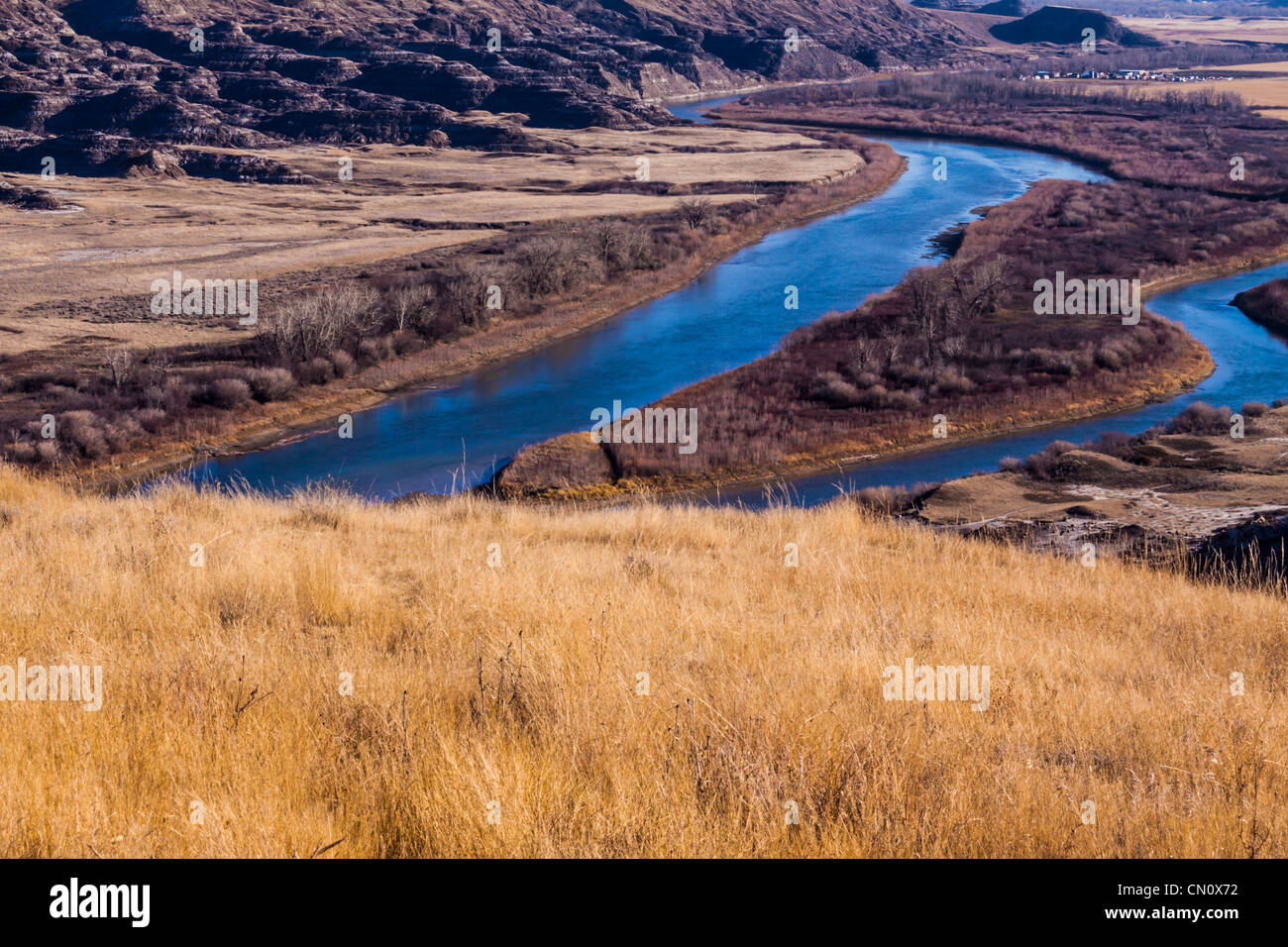 Red Deer River in den kanadischen Badlands im Süden von Alberta, Kanada. Stockfoto