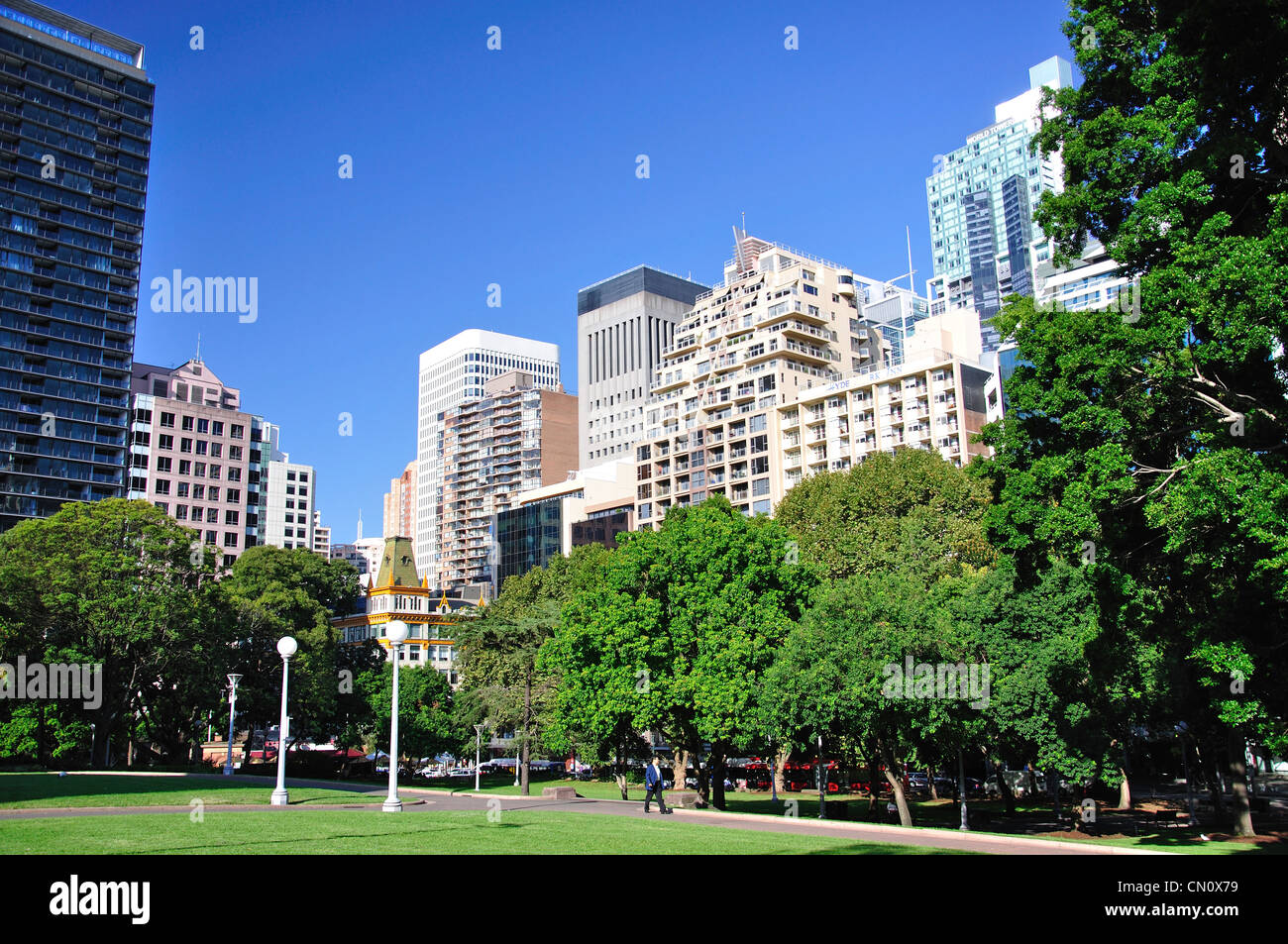 Blick auf Park und der Innenstadt von Bürogebäuden, Hyde Park, Central Business District, Sydney, New South Wales, Australien Stockfoto