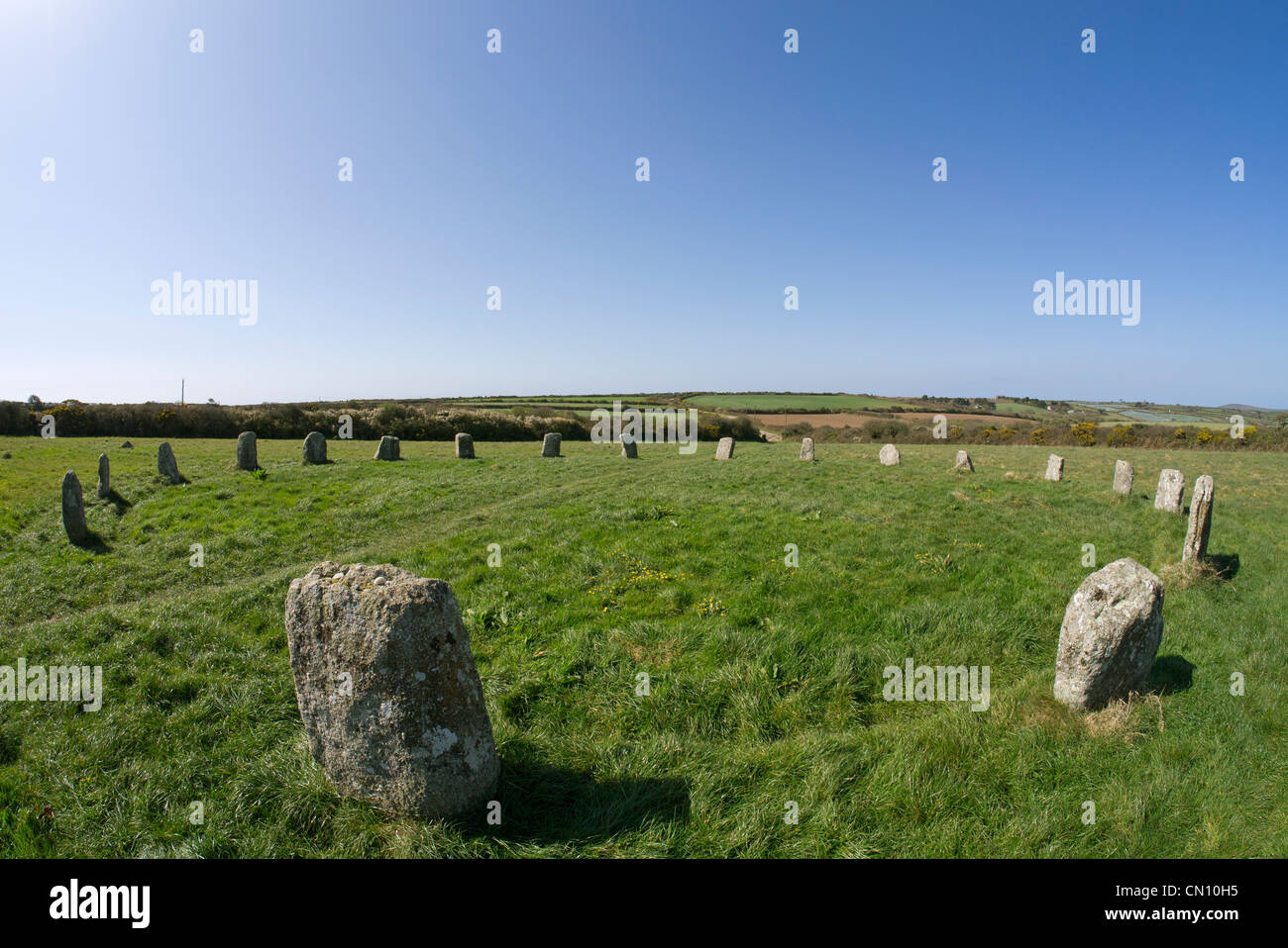 Der Steinkreis der Merry Maidens in Cornwall, Großbritannien. Stockfoto