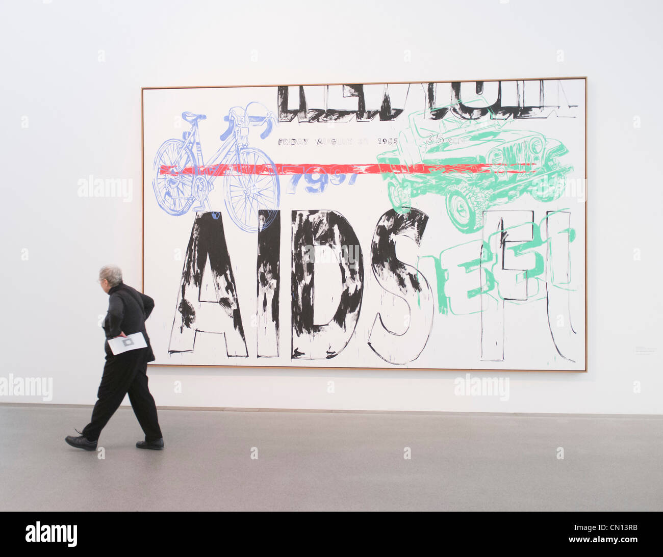 Malerei Aids/Jeep/Bicycle von Andy Warhol im Kunstmuseum der Pinakothek der Moderne in München Stockfoto