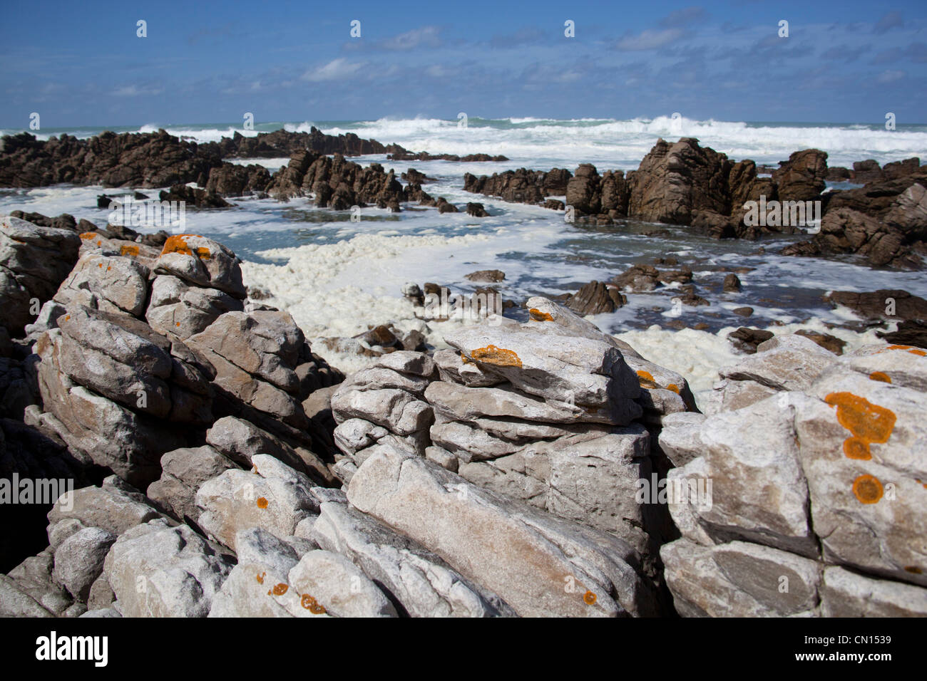 Blick auf den Felsen und treffen sich Atlantik und indischen Ozean an der Südspitze Afrikas, Kap Agulhas, Südafrika Stockfoto