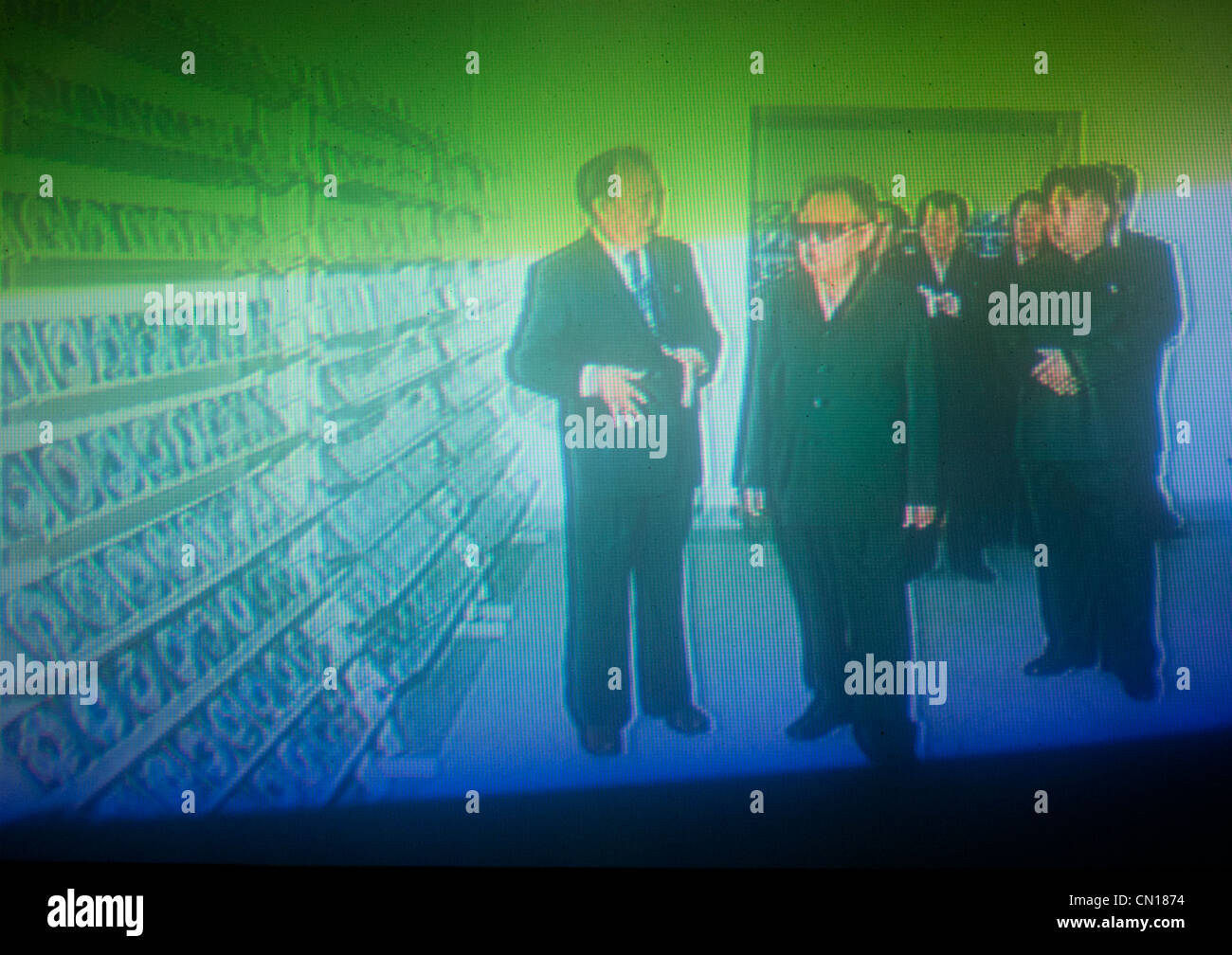 Kim Jong Il und Kim Jong Un auf TV, Nordkorea Stockfoto