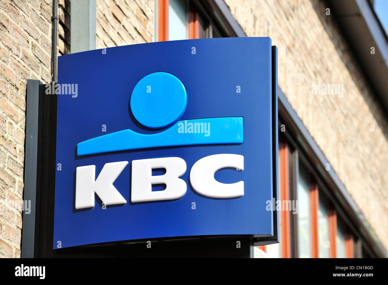 Schild mit Logo der KBC Bank, Flandern, Belgien Stockfoto