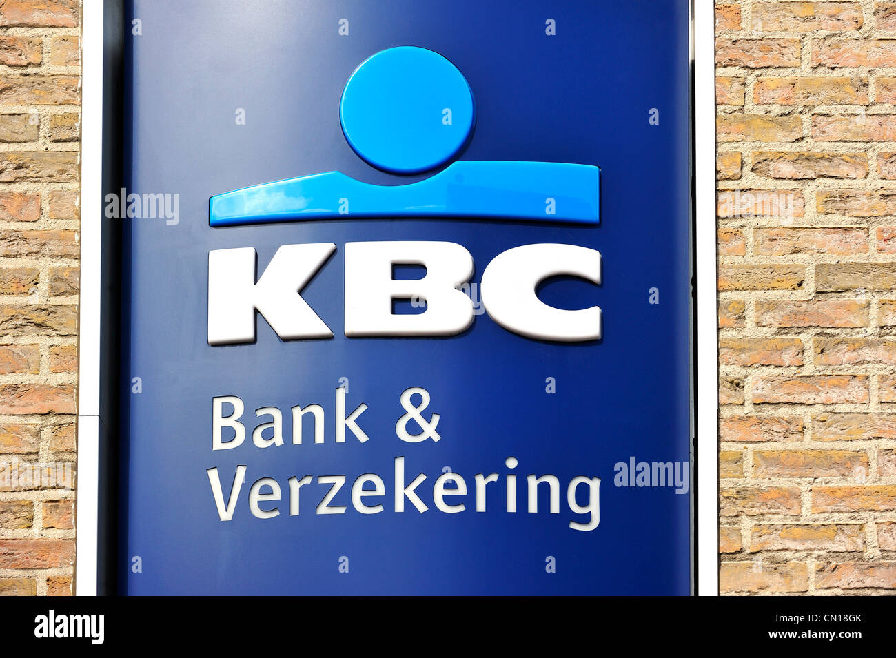 Schild mit Logo der KBC Bank, Flandern, Belgien Stockfoto