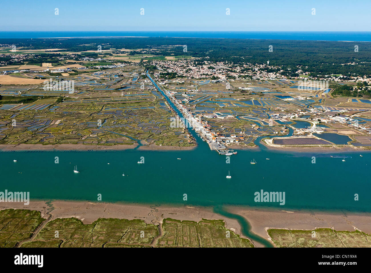 Frankreich, Charente Maritime, La Tremblade, Seudre Fluss und la Greve Auster Hafen (Luftbild) Stockfoto