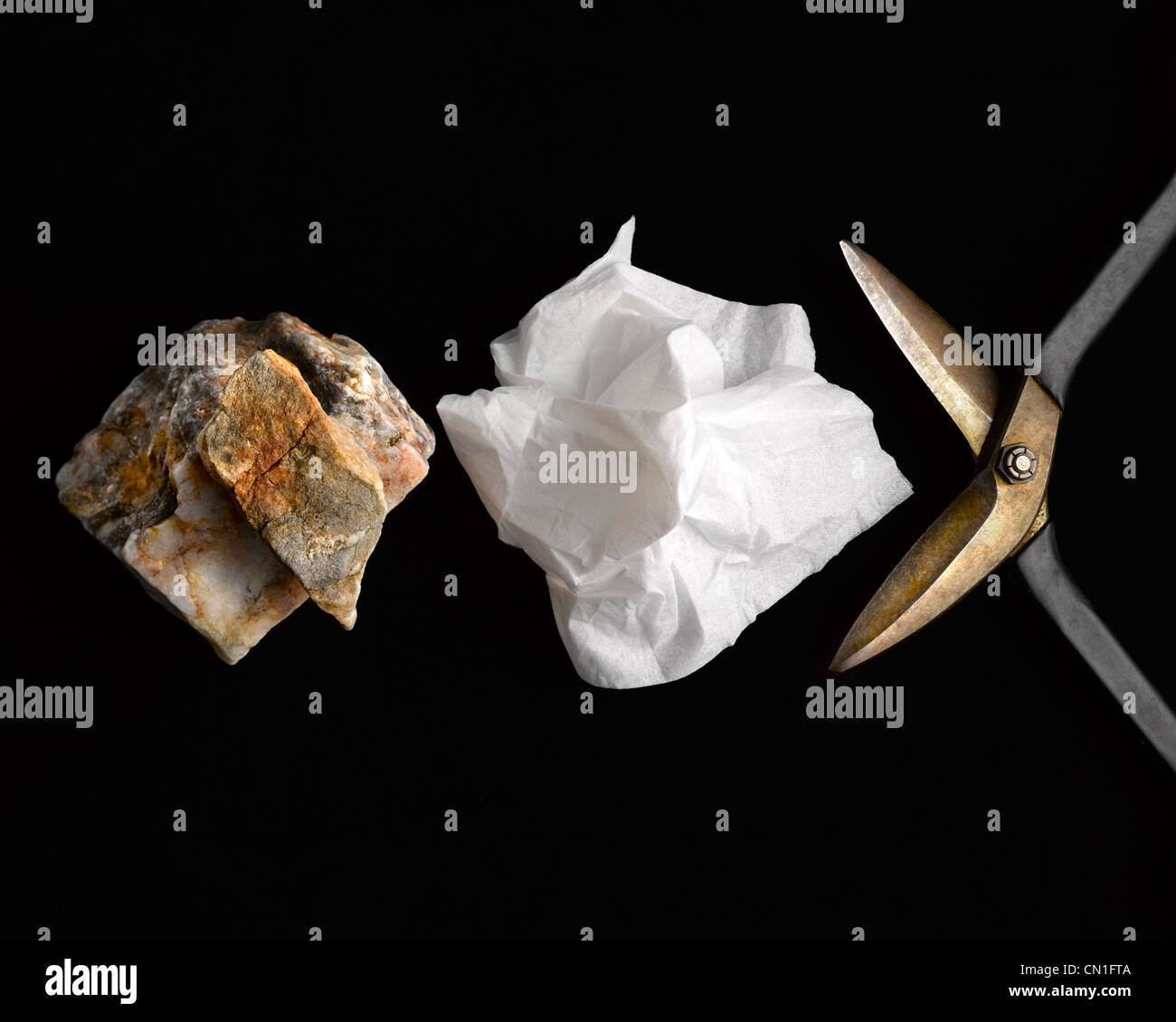 Rock Paper Scissors auf schwarz Stockfoto